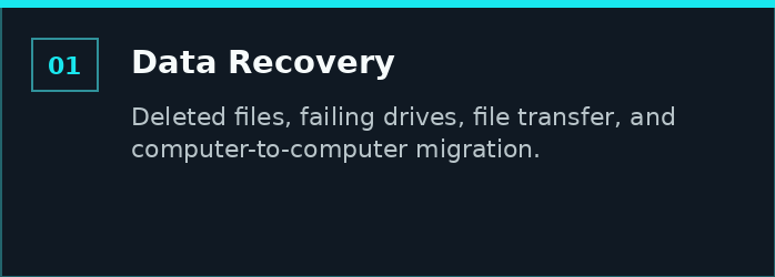 Data recovery service for lost files, failed drives, and computer transfers