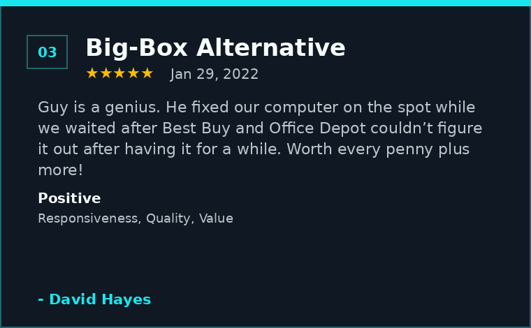 Google review saying Michael fixed a computer after big-box stores could not