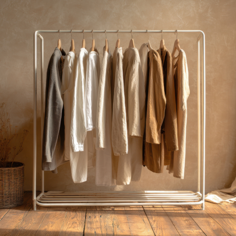 A clothing rack with light and neutral colored shirts and jackets hanging on wooden hangers in a softly lit room.