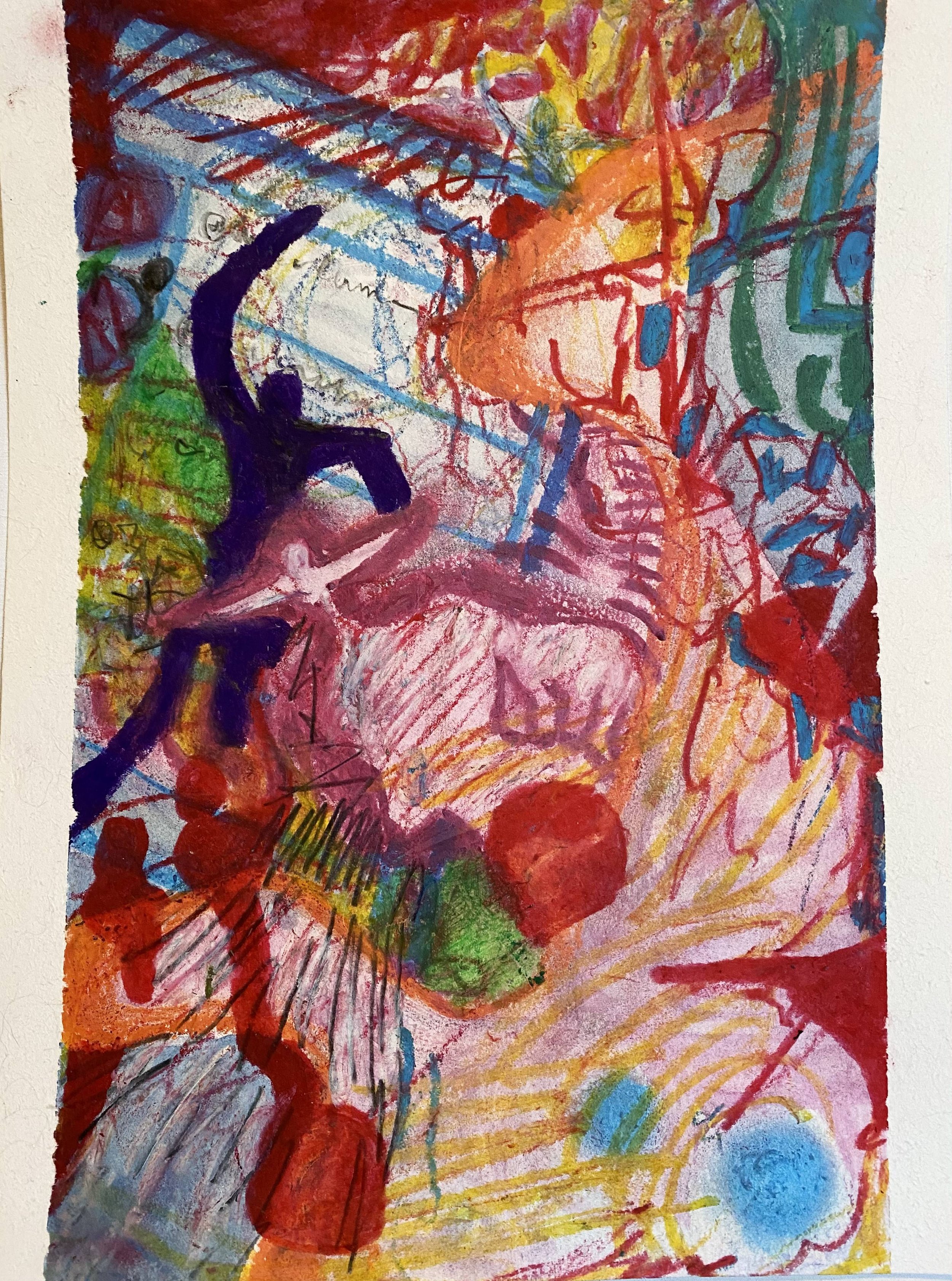 a multicolour abstract drawing containing a dark purple figure, and white and magenta surrounded figure, and flowing shapes