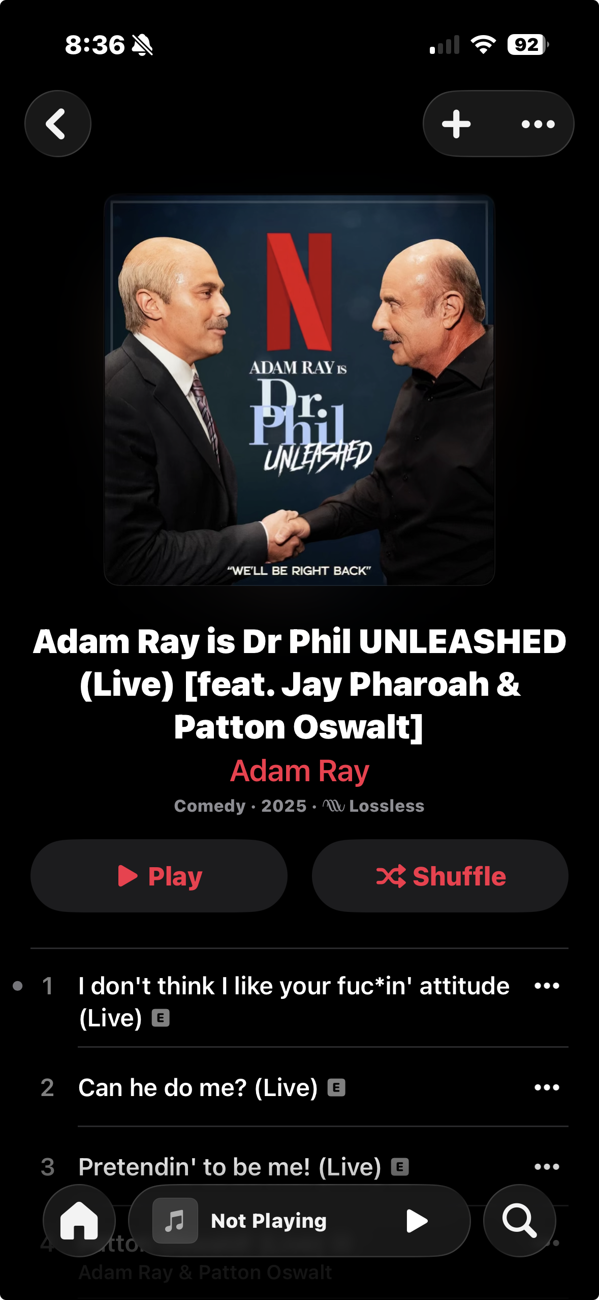 Streaming service interface showing a comedy special titled "Adam Ray is Dr. Phil UNLEASHED" featuring Adam Ray, Jay Pharoah, and Patton Oswalt, with a cover image of two men shaking hands on the cover.