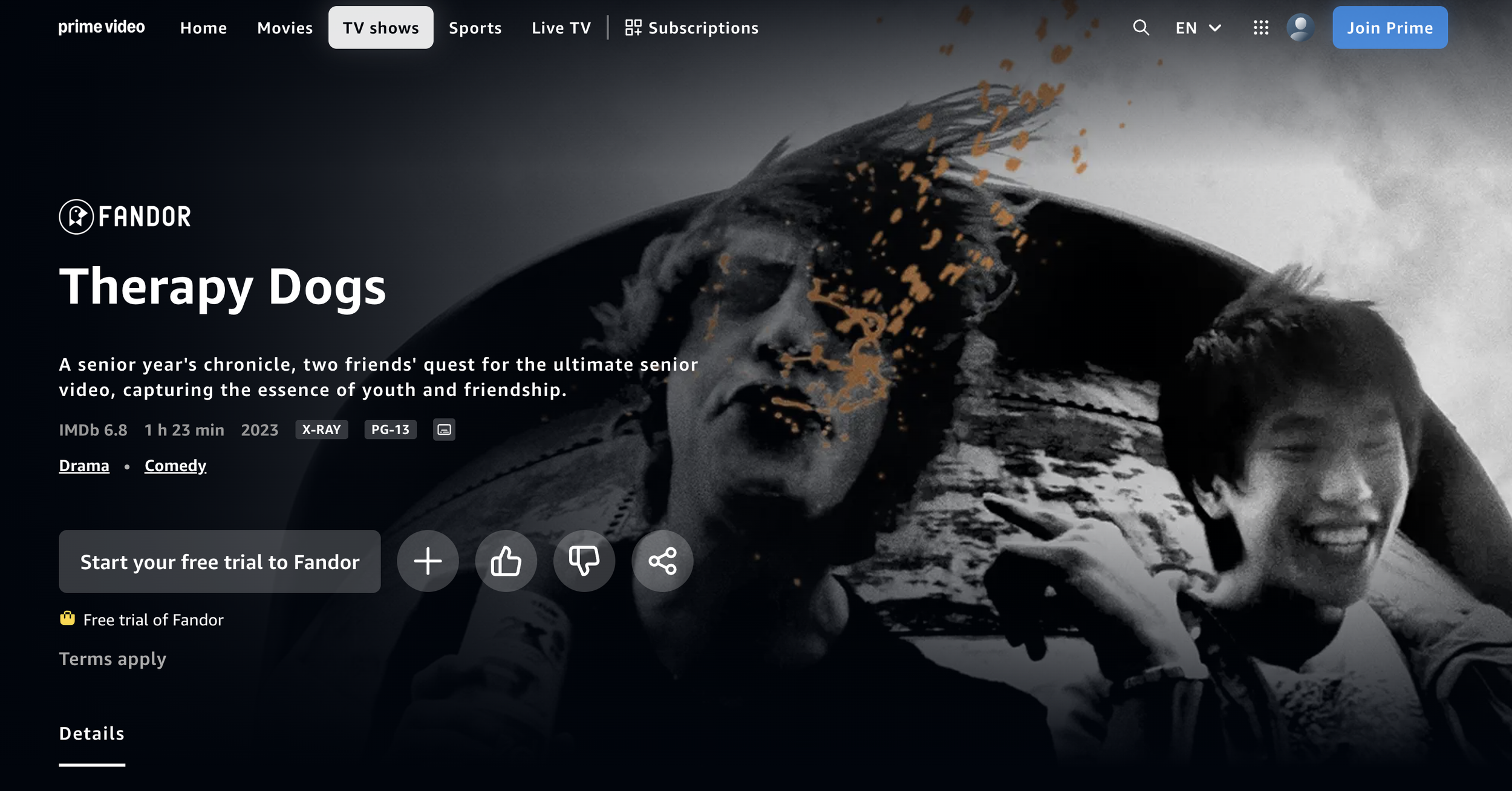 Black and white promotional image for the TV show 'Therapy Dogs' on Fandor, showing two children smiling and playing with a dog, with orange paint splashes over the image.