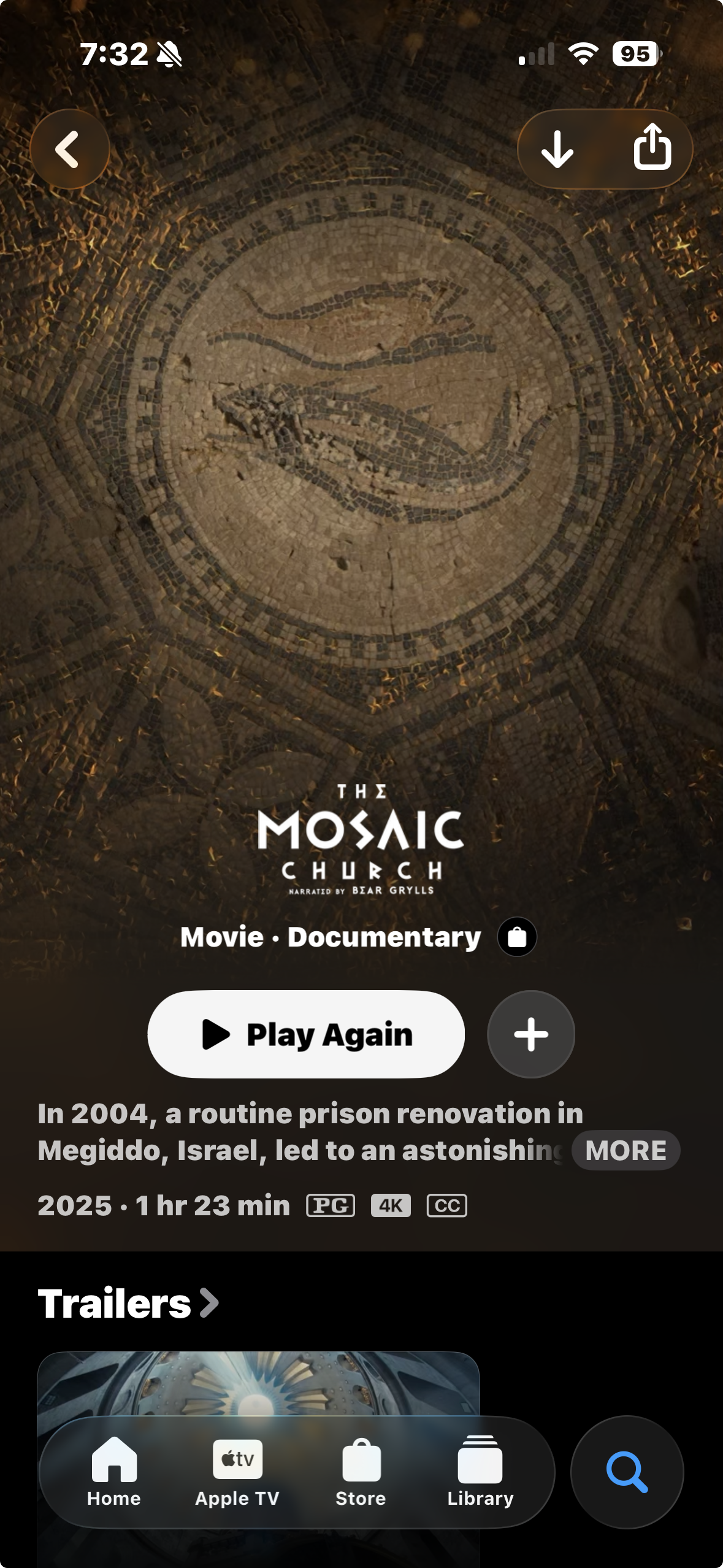 Title screen of the documentary 'The Mosaic Church' showing a mosaic art piece with a fish symbol, and the option to play the documentary with details about its release year, duration, and format.