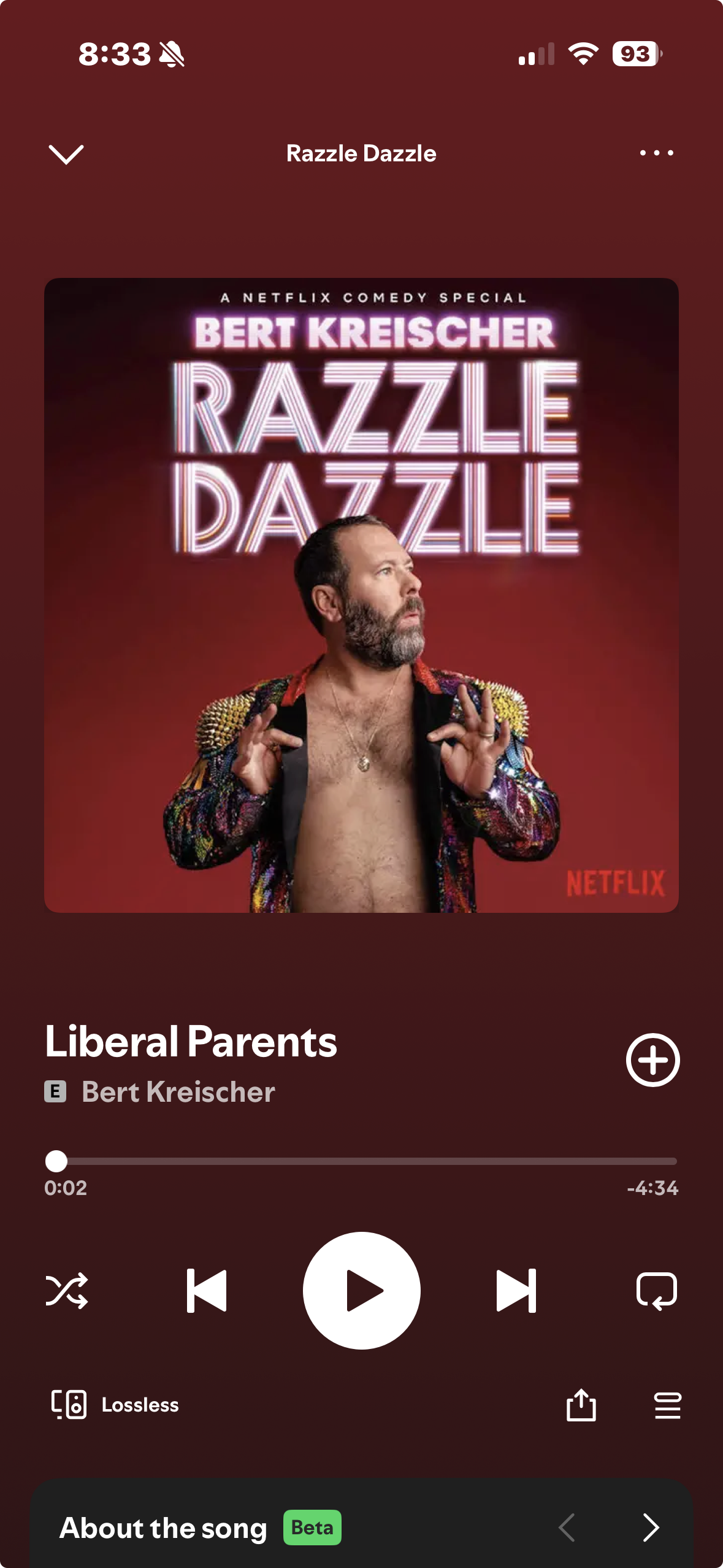 Movie poster for Netflix comedy special titled 'Razzle Dazzle' featuring Bert Kreischer in a colorful jacket with a sequined pattern, set against a red background with neon-style text.