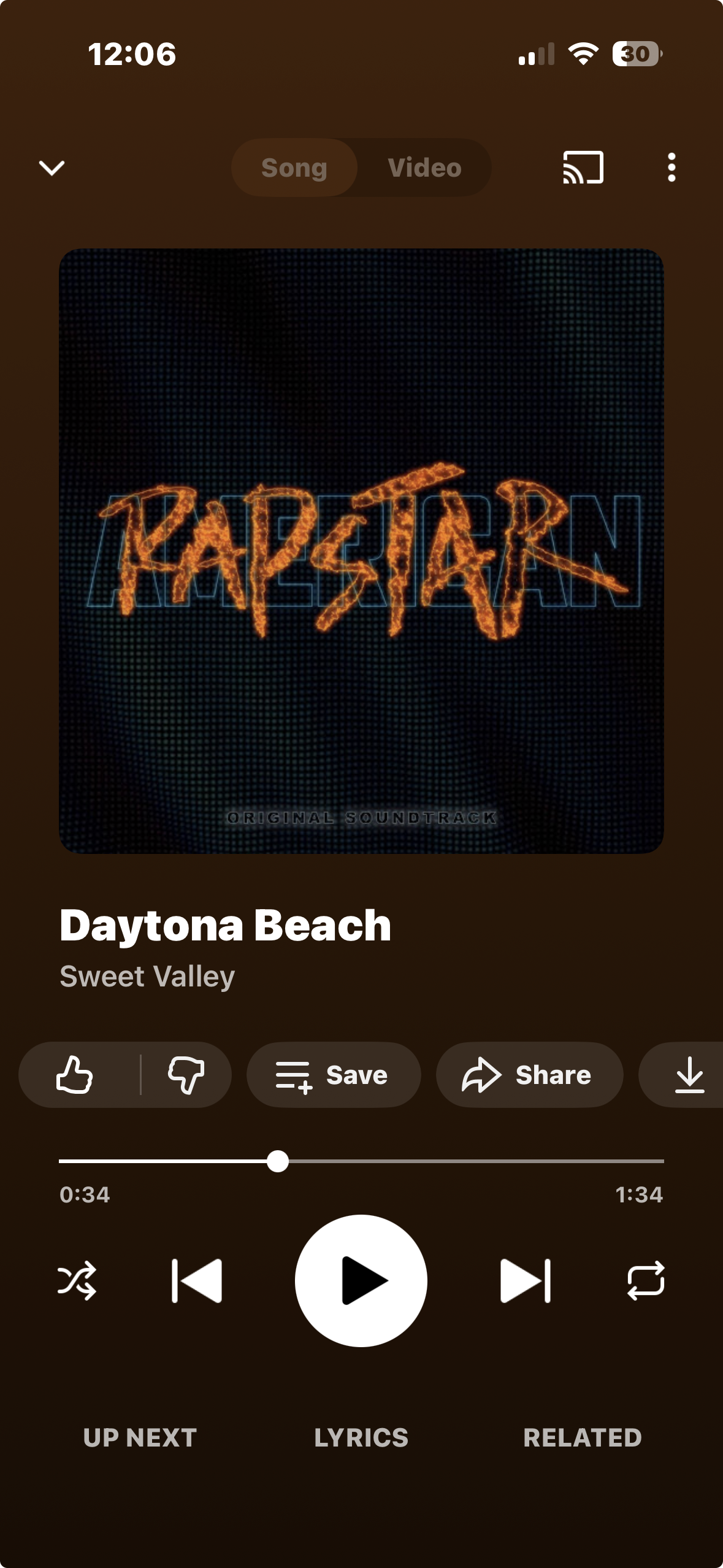 Music app screen showing the song "Daytona Beach" by Sweet Valley from the "Rapstar" soundtrack with playback controls and options.