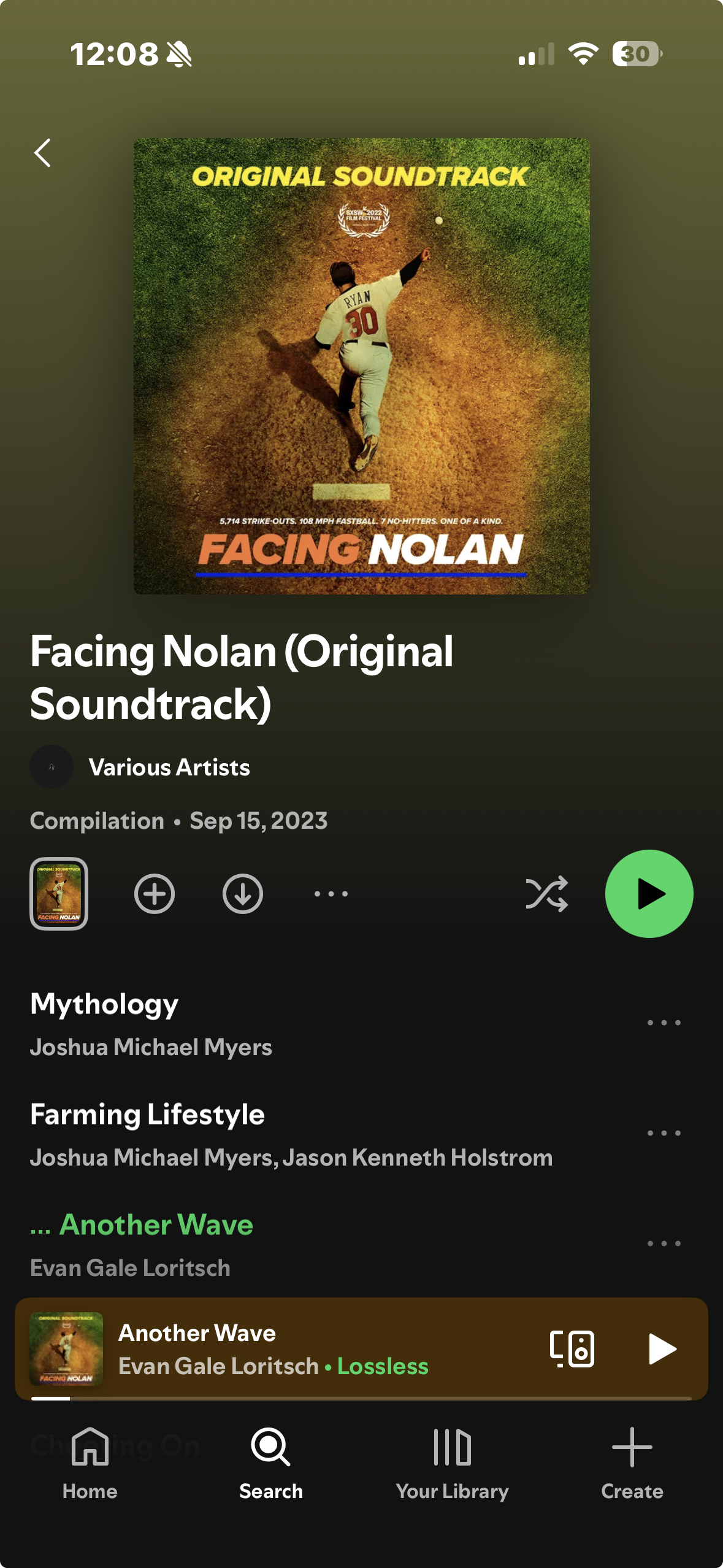 Album cover for 'Facing Nolan (Original Soundtrack)' featuring a baseball player in a uniform numbered 30, running on a baseball field, with text highlighting its original soundtrack, mythological theme, and farming lifestyle.