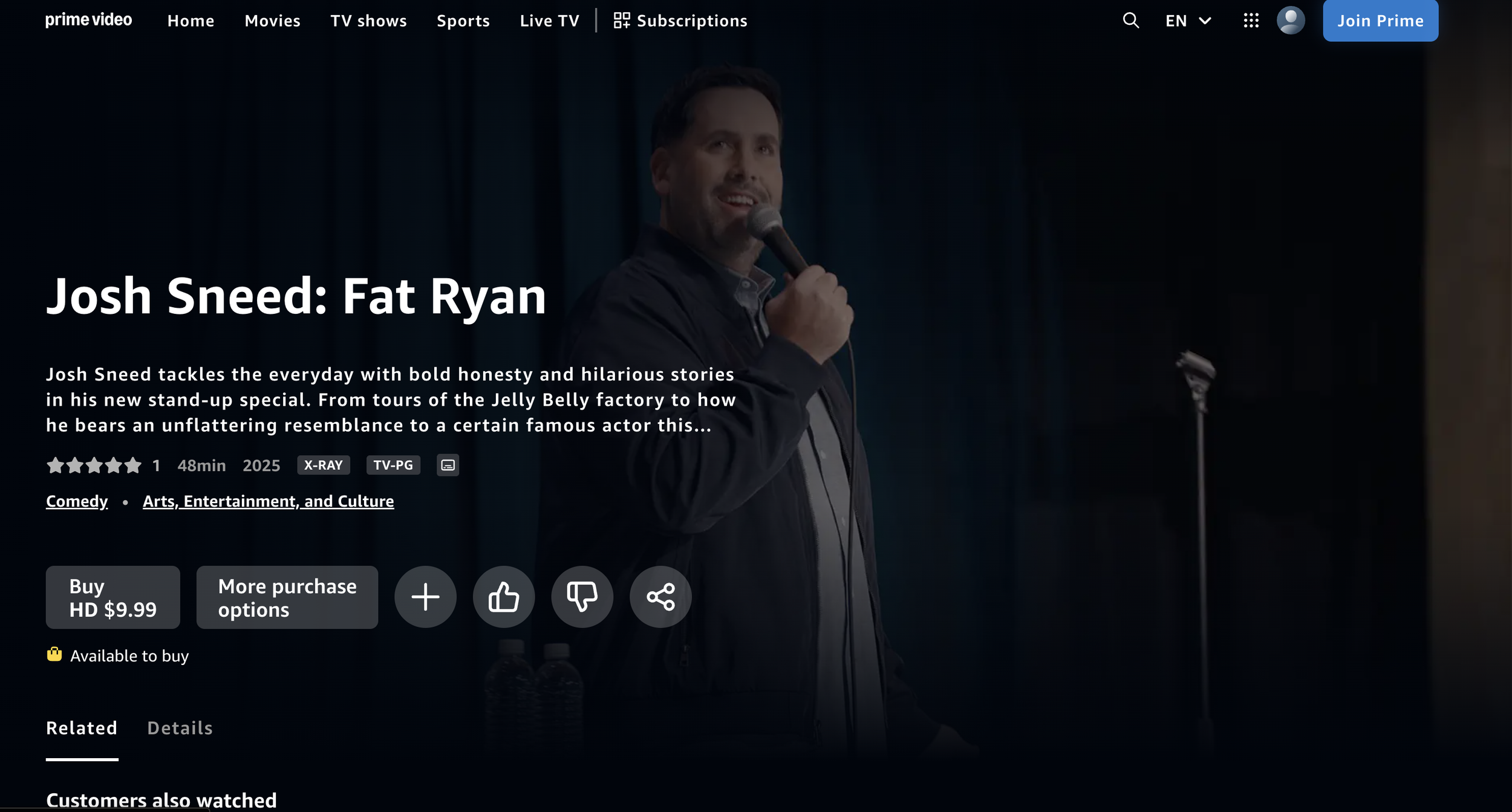 Thumbnail image of a comedy stand-up show with a male comedian holding a microphone on stage, smiling.