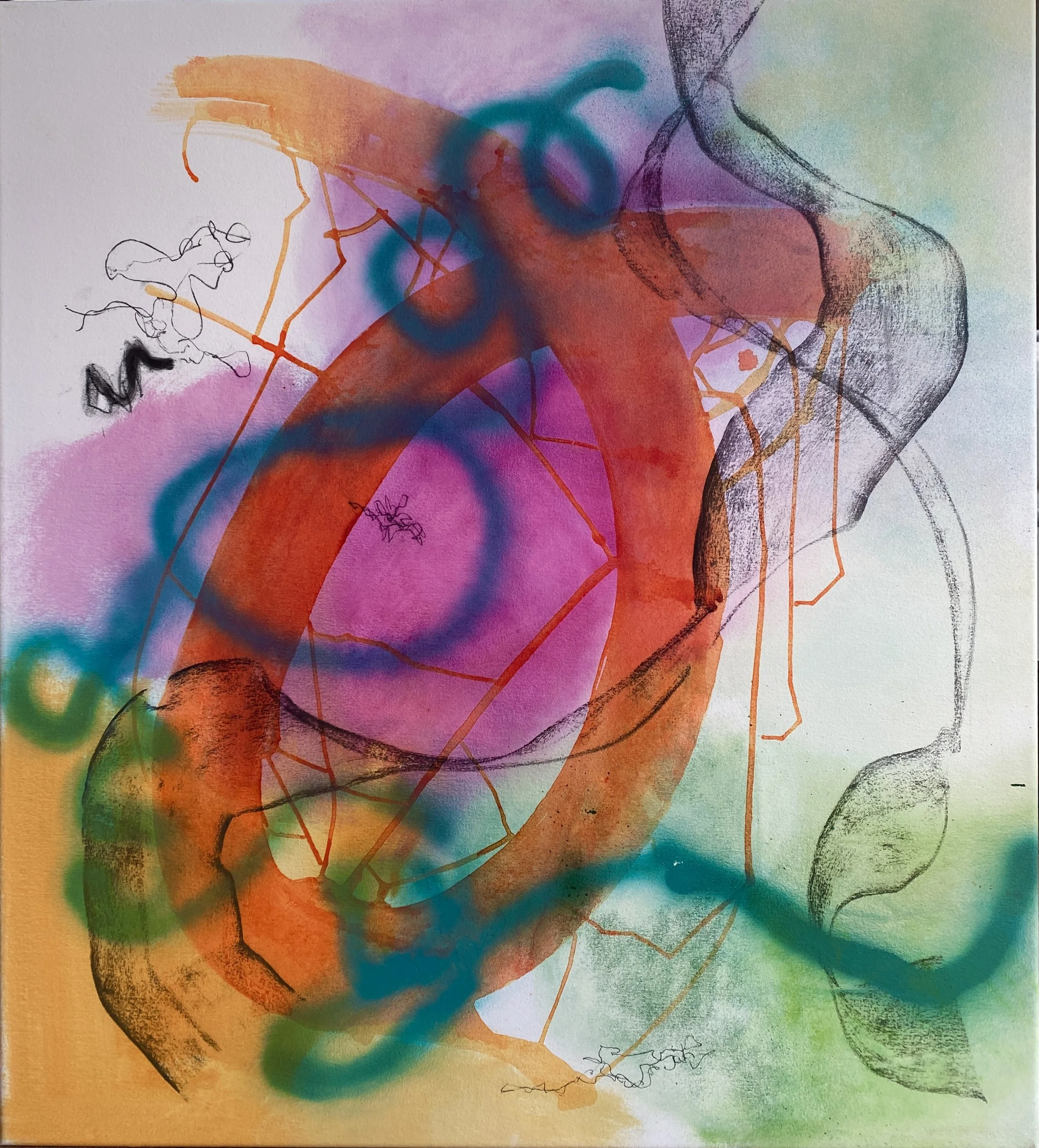 "Residual Light", 2025. Charcoal, acrylic ink, spray paint and oil paint on canvas, 92cm x 102cm.