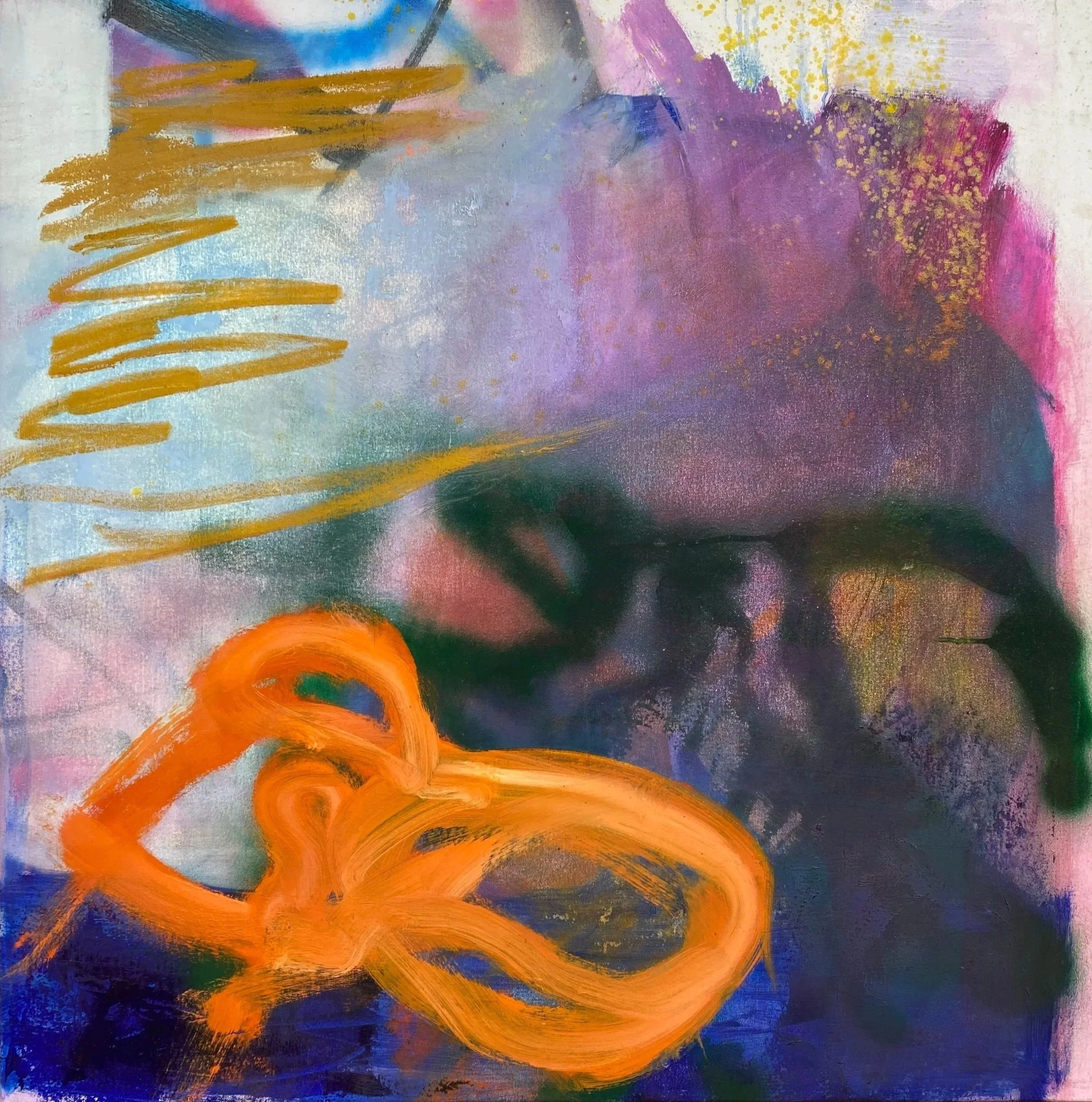 "crack fold fade trace" 2025. Charcoal, spray paint, oil paint and oil stick on canvas, 87cm x 87cm.