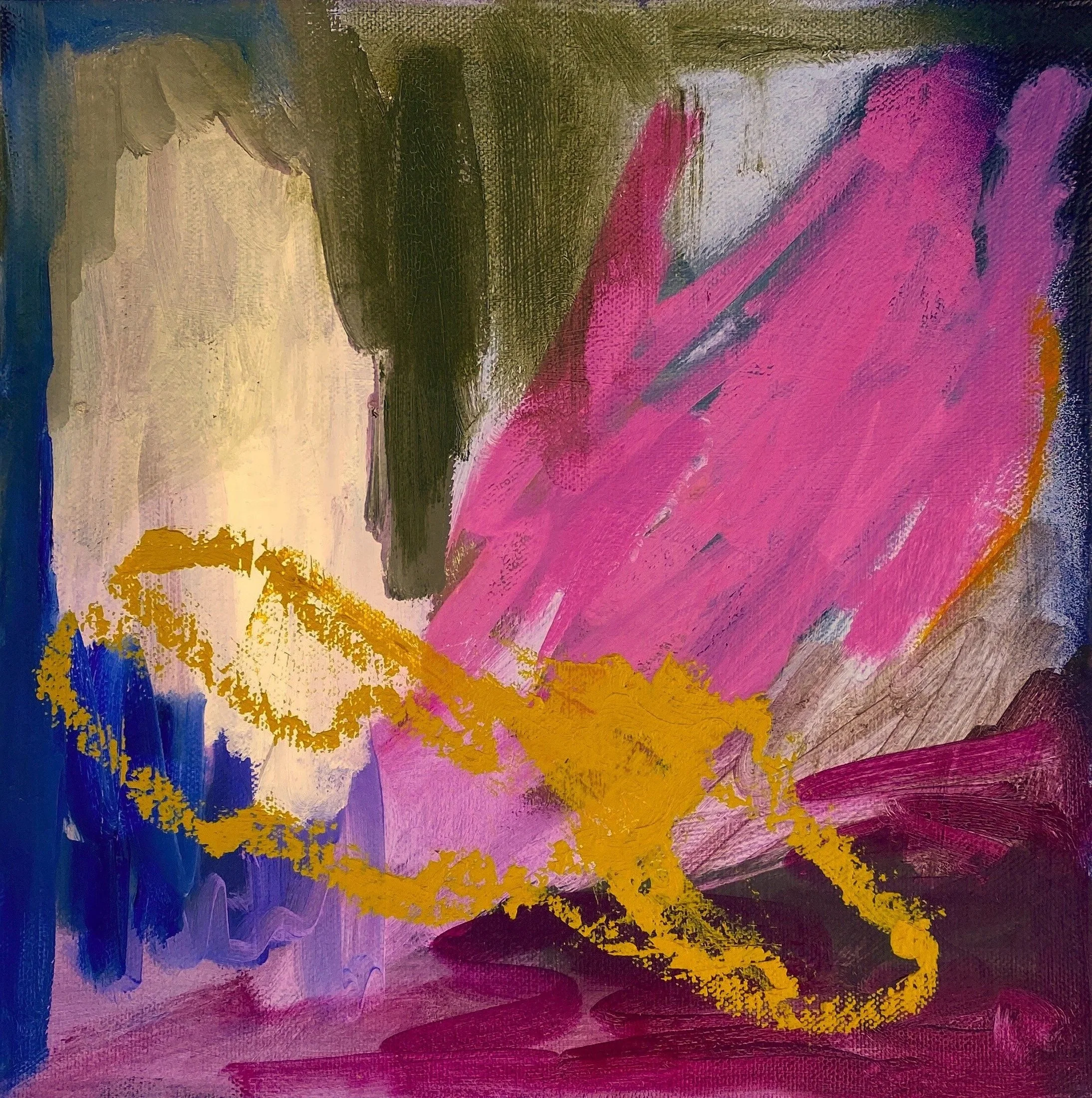 "Holding Time", 2026. Acrylic paint, oil paint and oil stick on canvas, 25.5cm x 25.5cm.