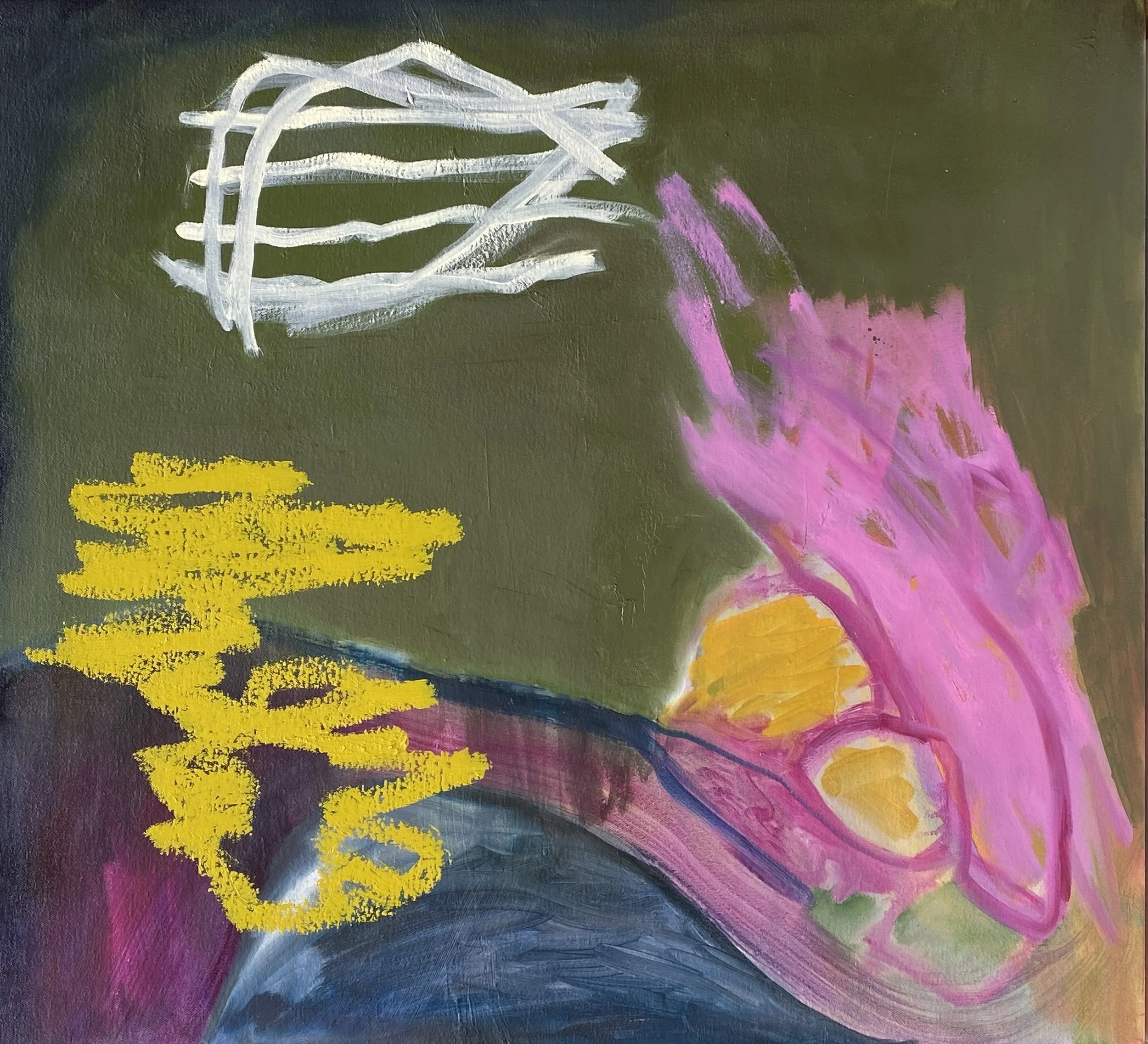 "Container for Sound", 2026. Acrylic paint, oil pastel, spray paint, oil paint and oil stick on canvas, 56cm x 61cm.