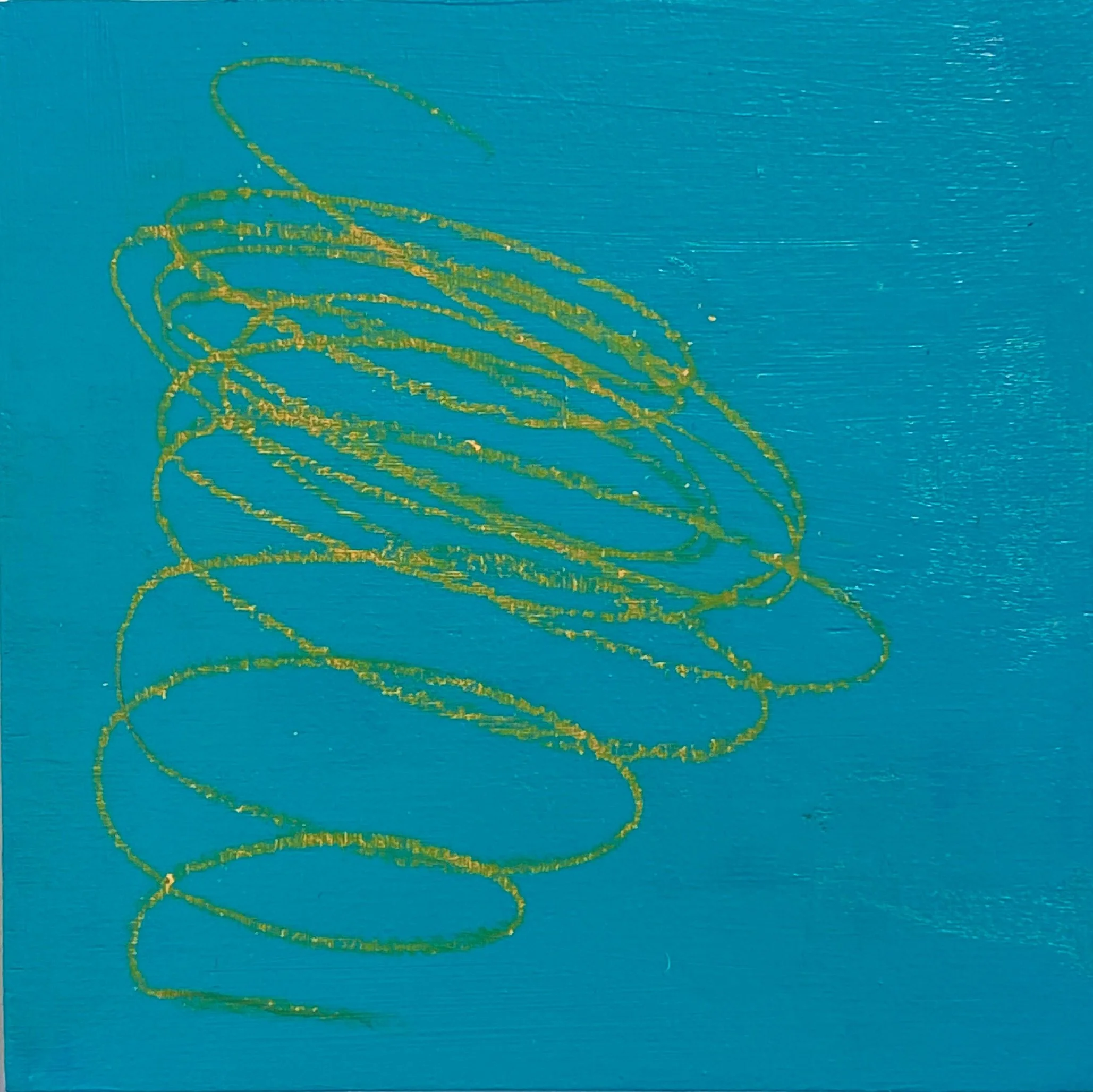 "To Unravel Water", 2024. Acrylic paint and wax crayon on wooden block, 15cm x 15cm x 2.5cm.