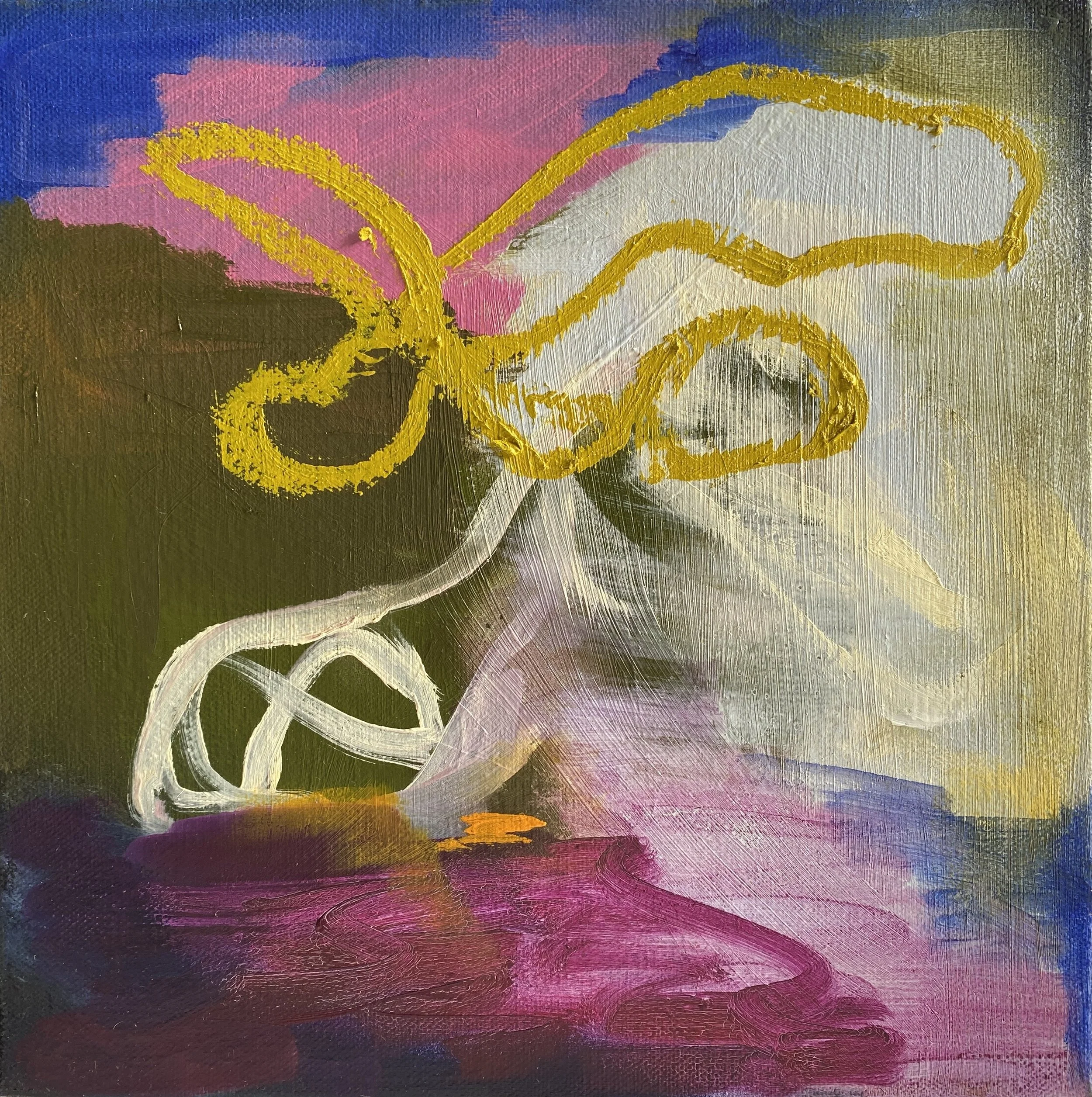 "Remnants of the Sky", 2026. Acrylic paint, oil paint and oil stick on canvas, 25.5cm x 25.5cm.
