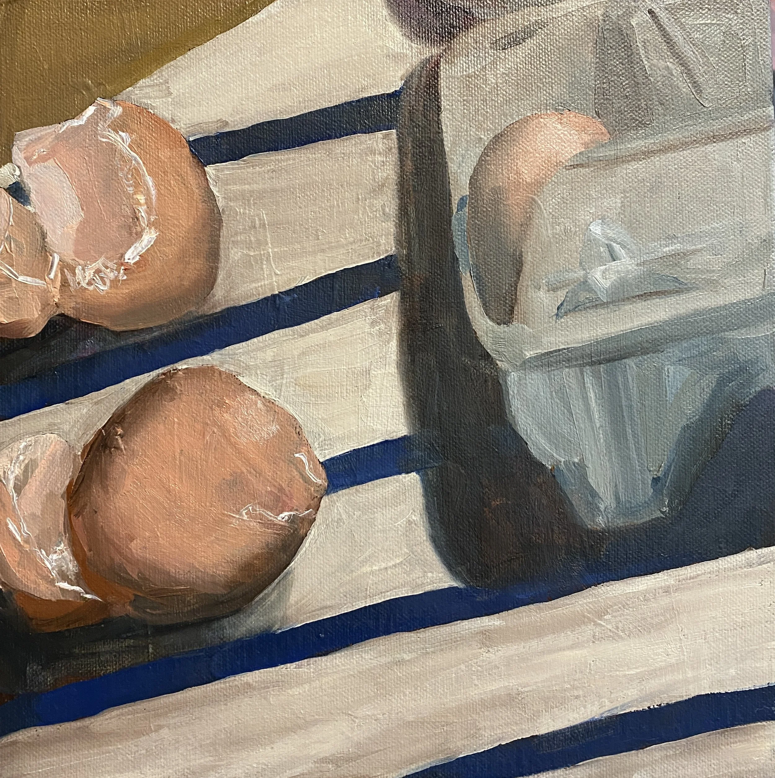 "Eggs for Brekky", 2023. Mixed medium on canvas, 26cm x 26cm x 3.5cm.