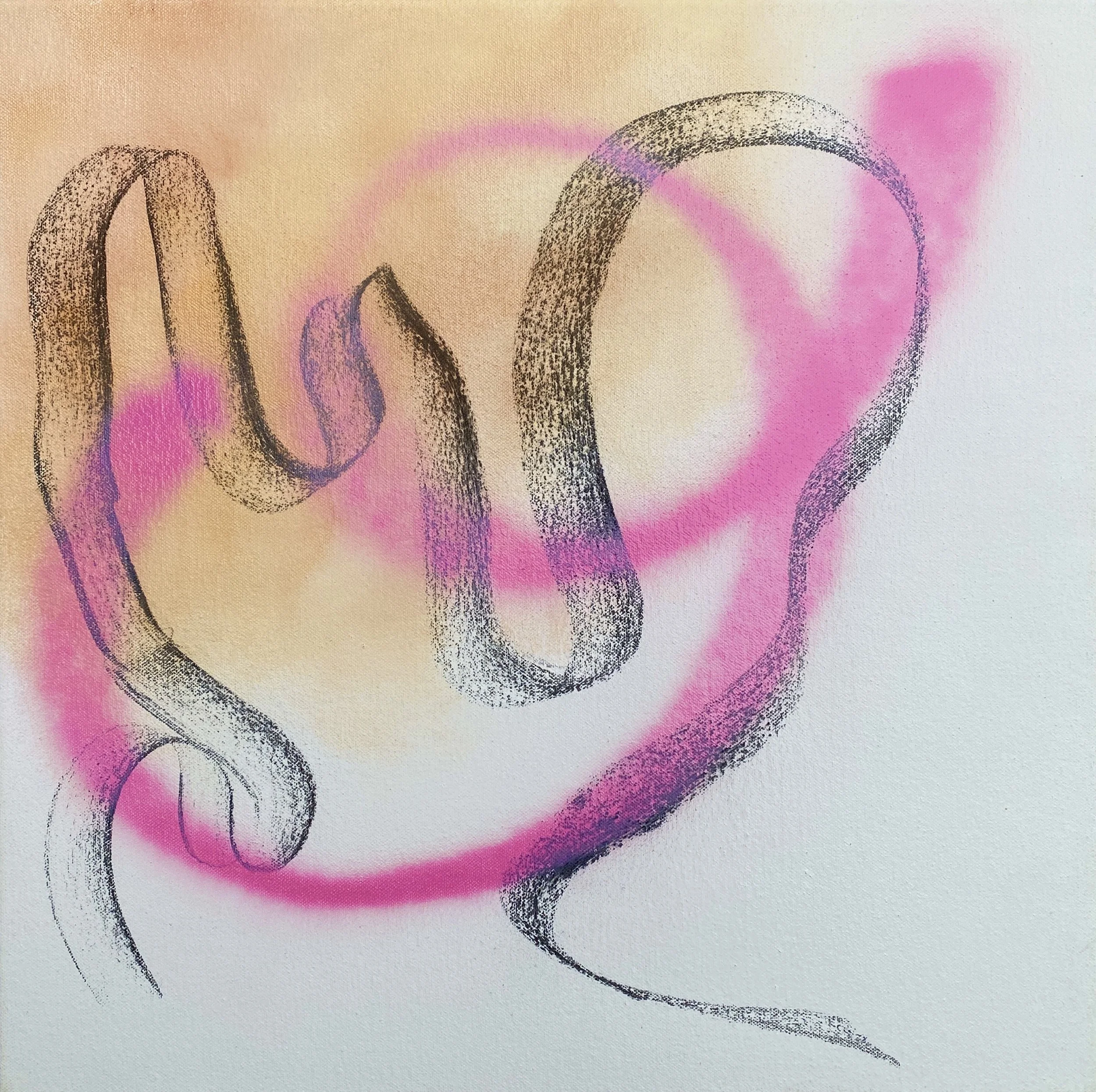 "Windswept", 2025. Charcoal, spray paint and oil paint on canvas, 40.5cm x 40.5cm.