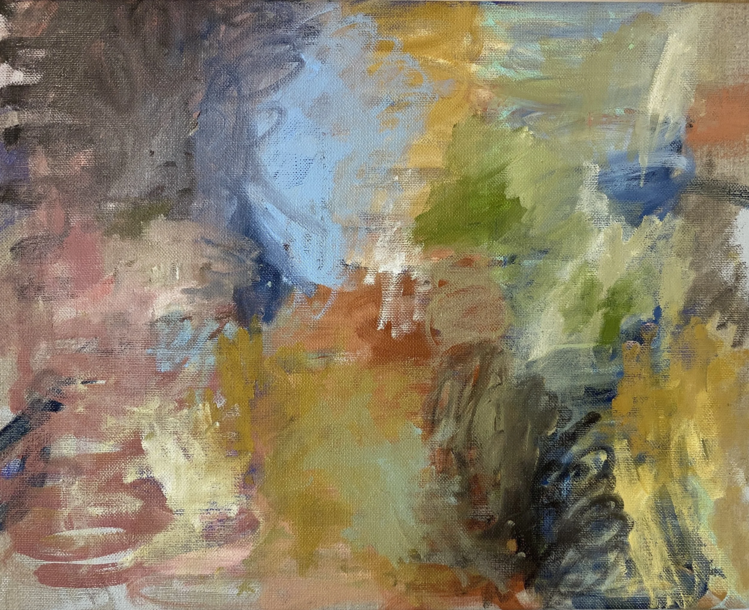 "Complexity In Motion", 2024. Mixed medium on linen, 41cm x 51cm x 3.5cm.