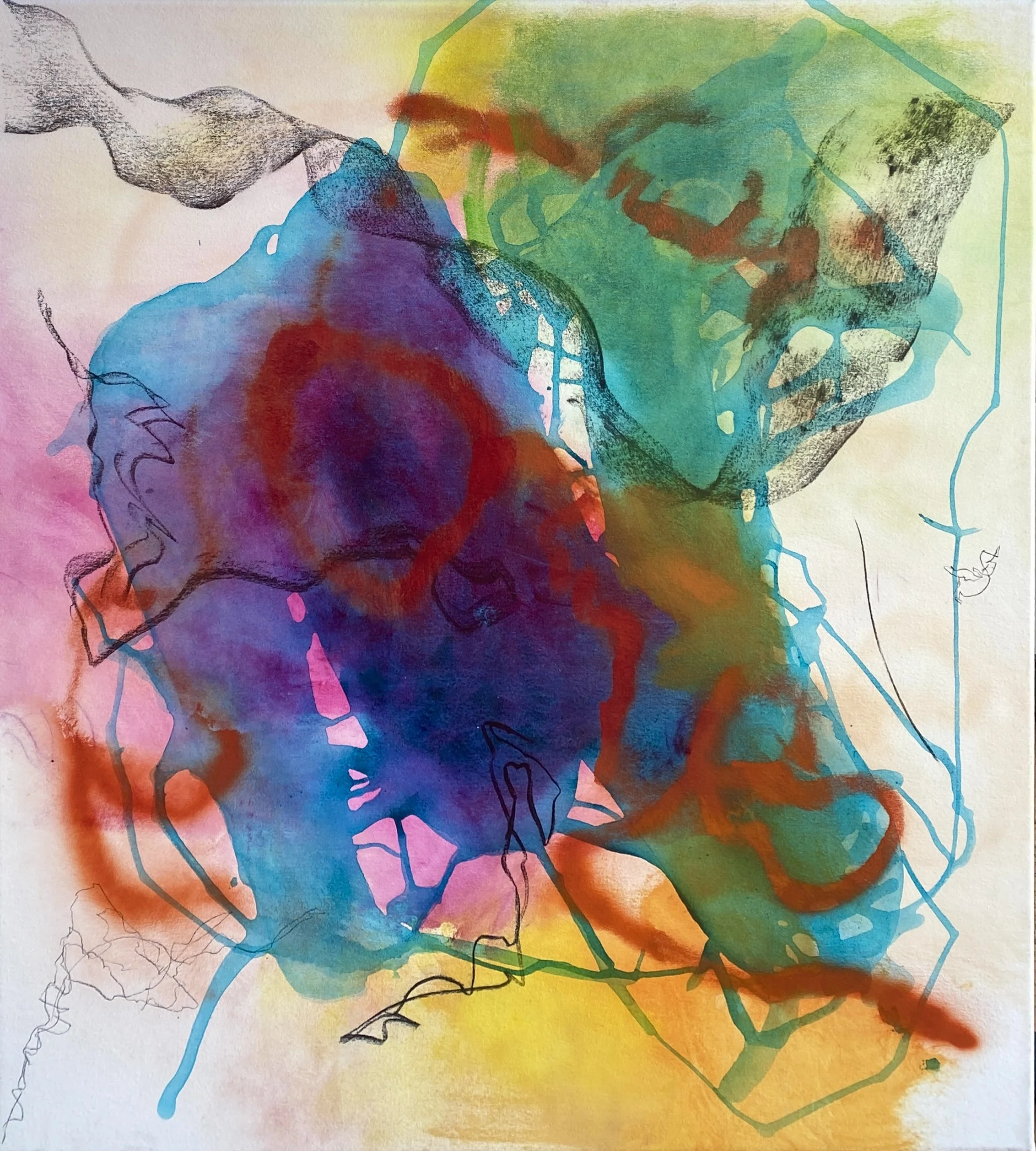 "Slippages of Sky", 2025. Charcoal, acrylic ink, spray paint and oil paint on canvas, 92cm x 102cm.