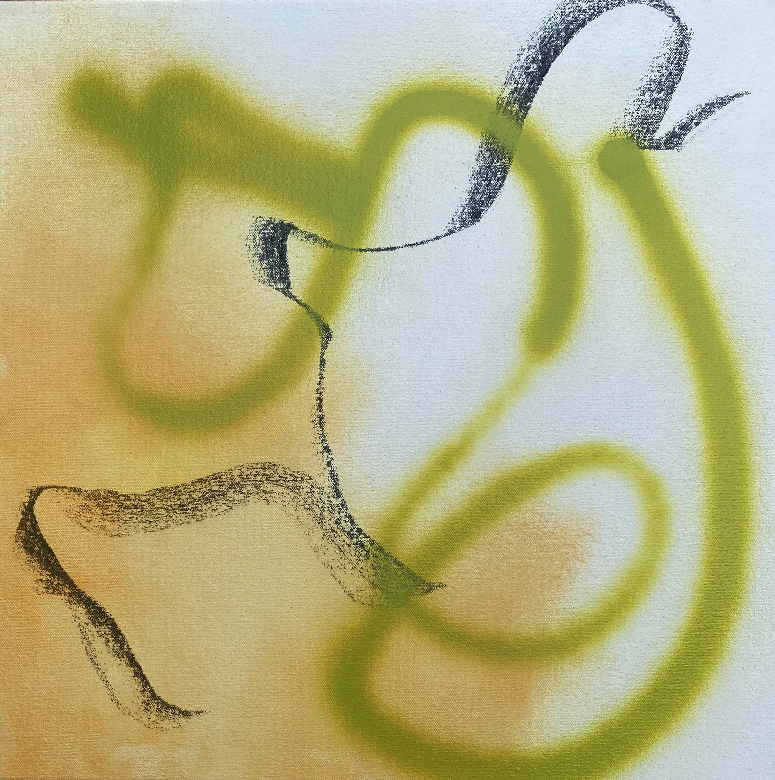 "A Single Source of Light", 2025. Charcoal, spray paint and oil paint on canvas, 40.5cm x 40.5cm.
