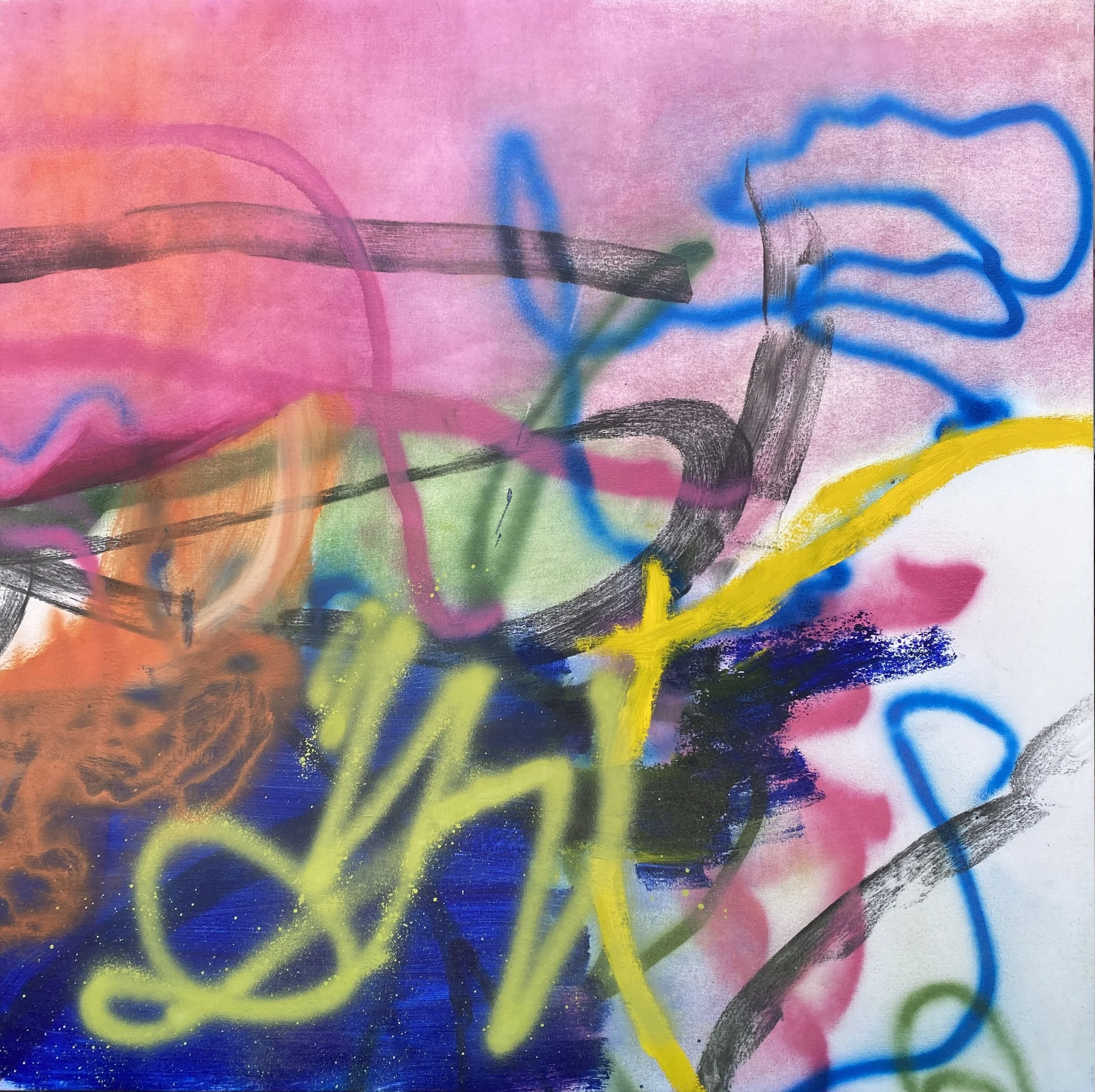 "splinter stain echo breath", 2025. Charcoal, spray paint, oil paint and oil stick on canvas, 87cm x 87cm.