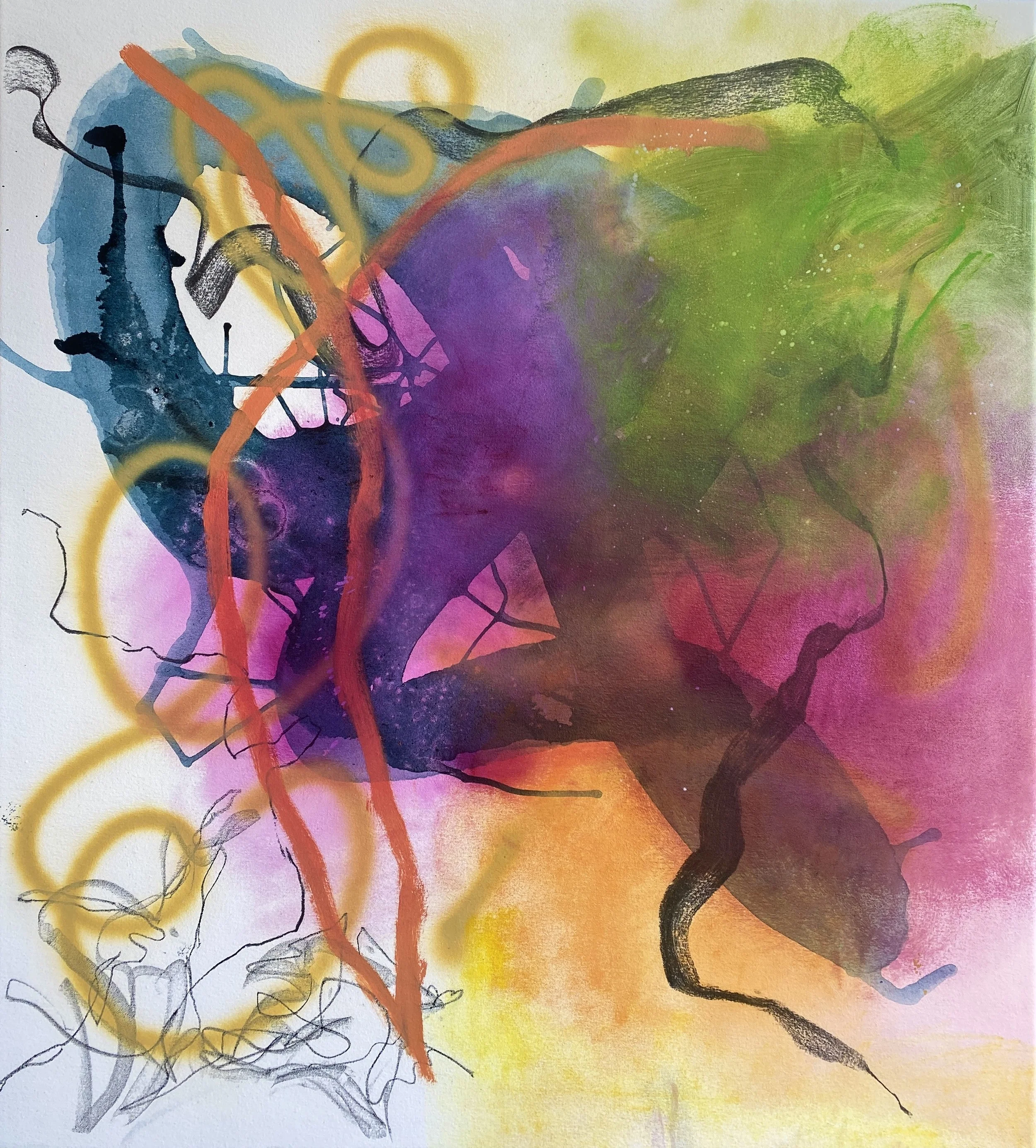 "Liminal Drift", 2025. Charcoal, acrylic ink, spray paint and oil paint on canvas, 92cm x 102cm.