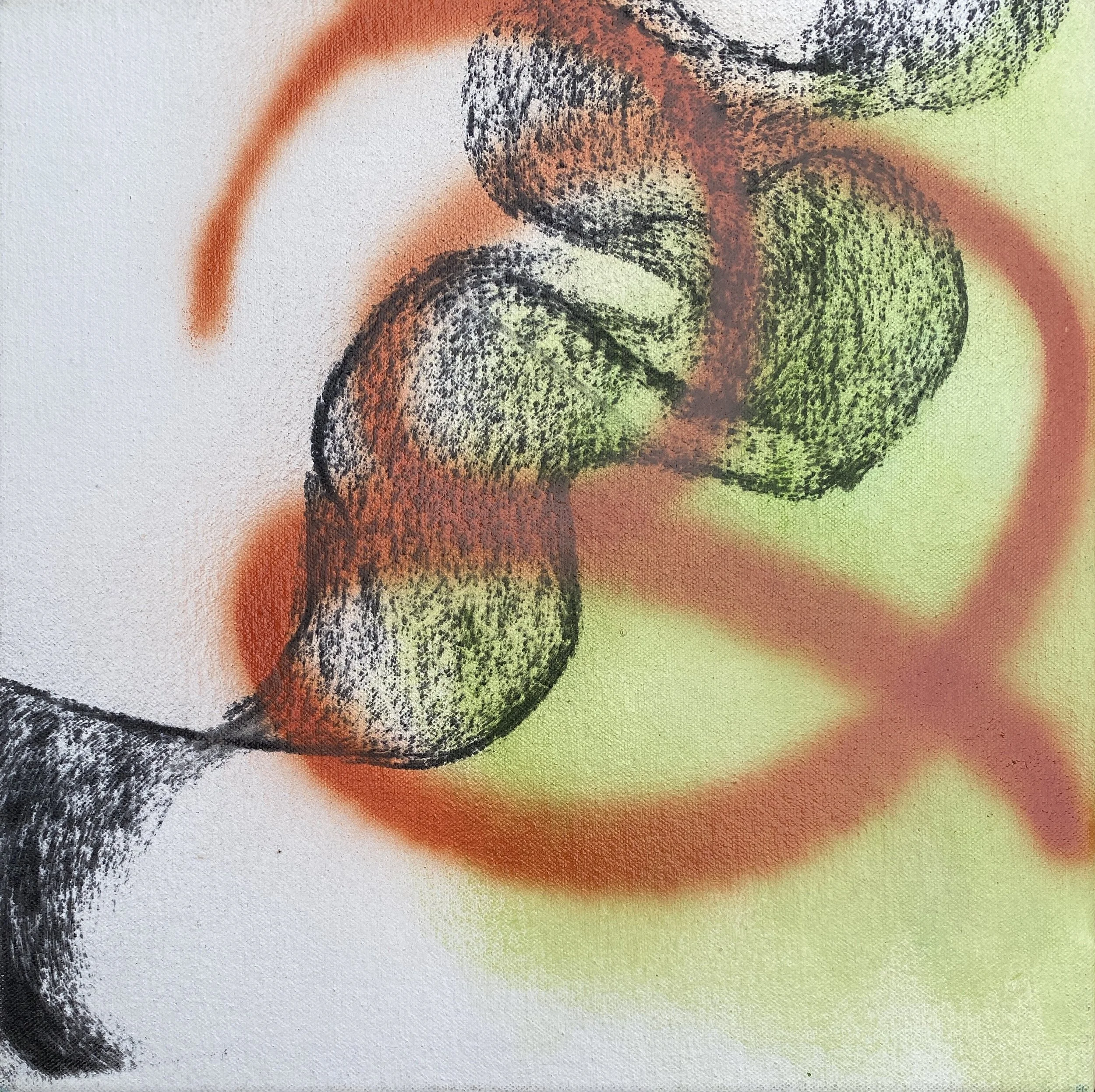 "Contours Of The Unseen", 2025. Charcoal, spray paint and oil paint on canvas, 30.5cm x 30.5cm.