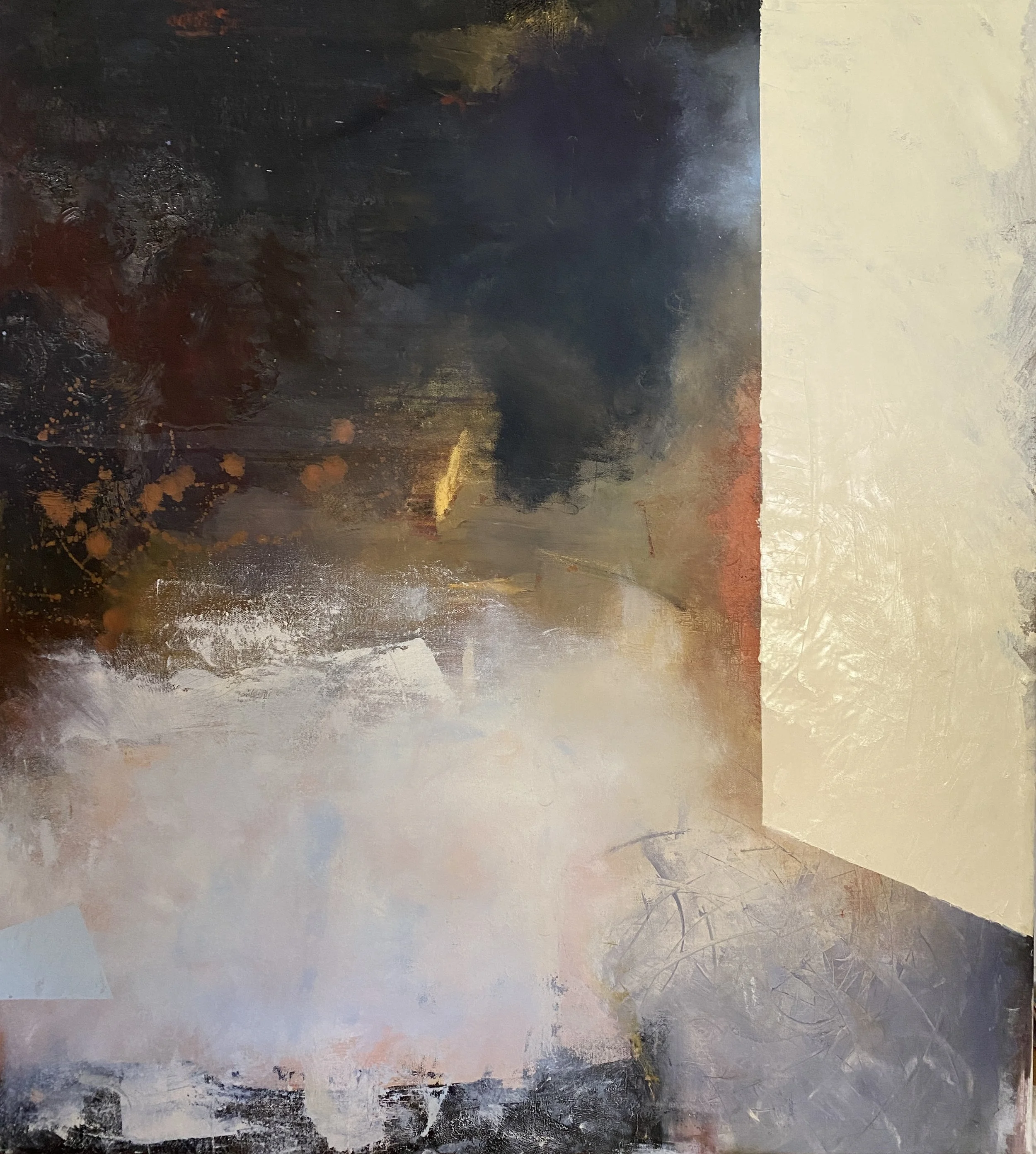 "Pelican Sand", 2023. Acrylic, pencil, marker, pastel and oil on canvas, 102cm x 92cm x 3.5cm.