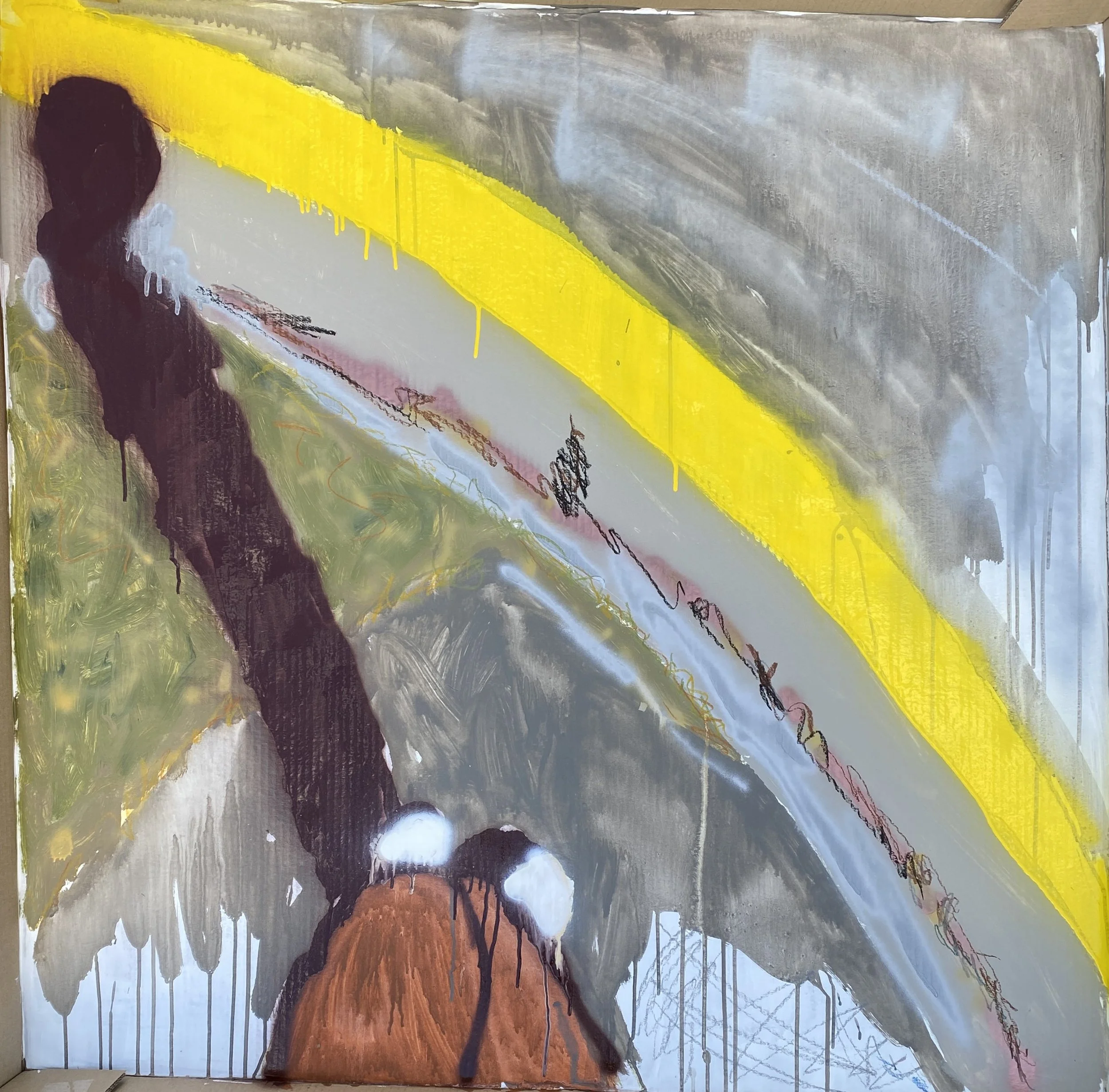 "Anatomy Of A Corner", 2023. Acrylic polymer, spray paint and crayon on cardboard, 110cm x 110cm x 10cm.