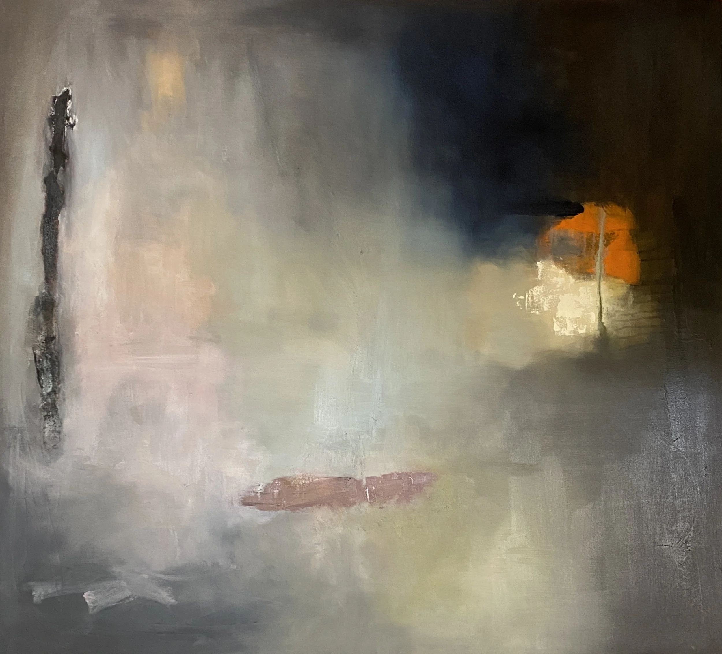 "Presence of a Whisper", 2023. Acrylic, pencil, marker, pastel and oil on canvas, 92cm x 102cm x 3.5cm.