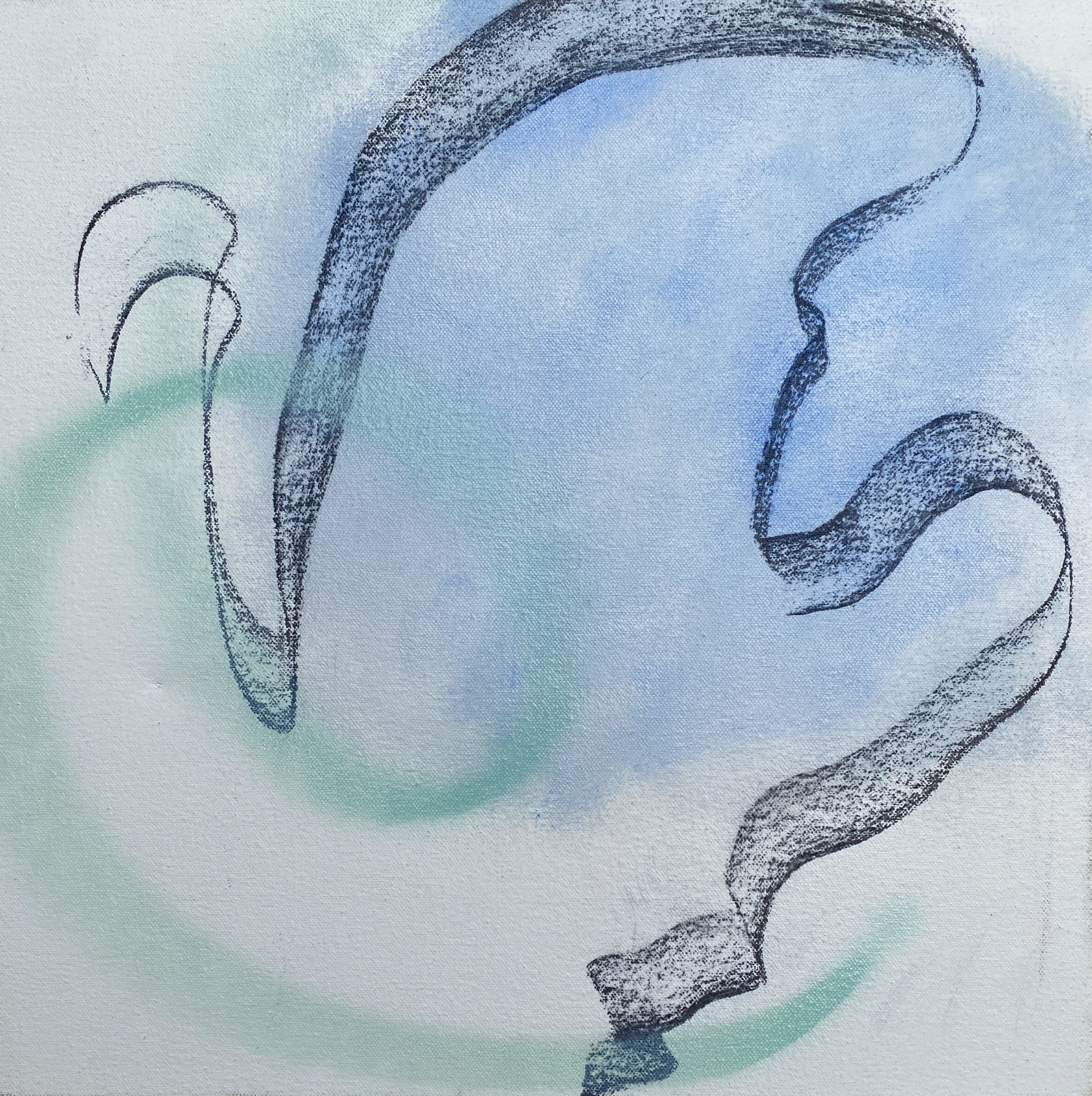 "Water Shadows", 2025. Charcoal, spray paint and oil paint on canvas, 40.5cm x 40.5cm.