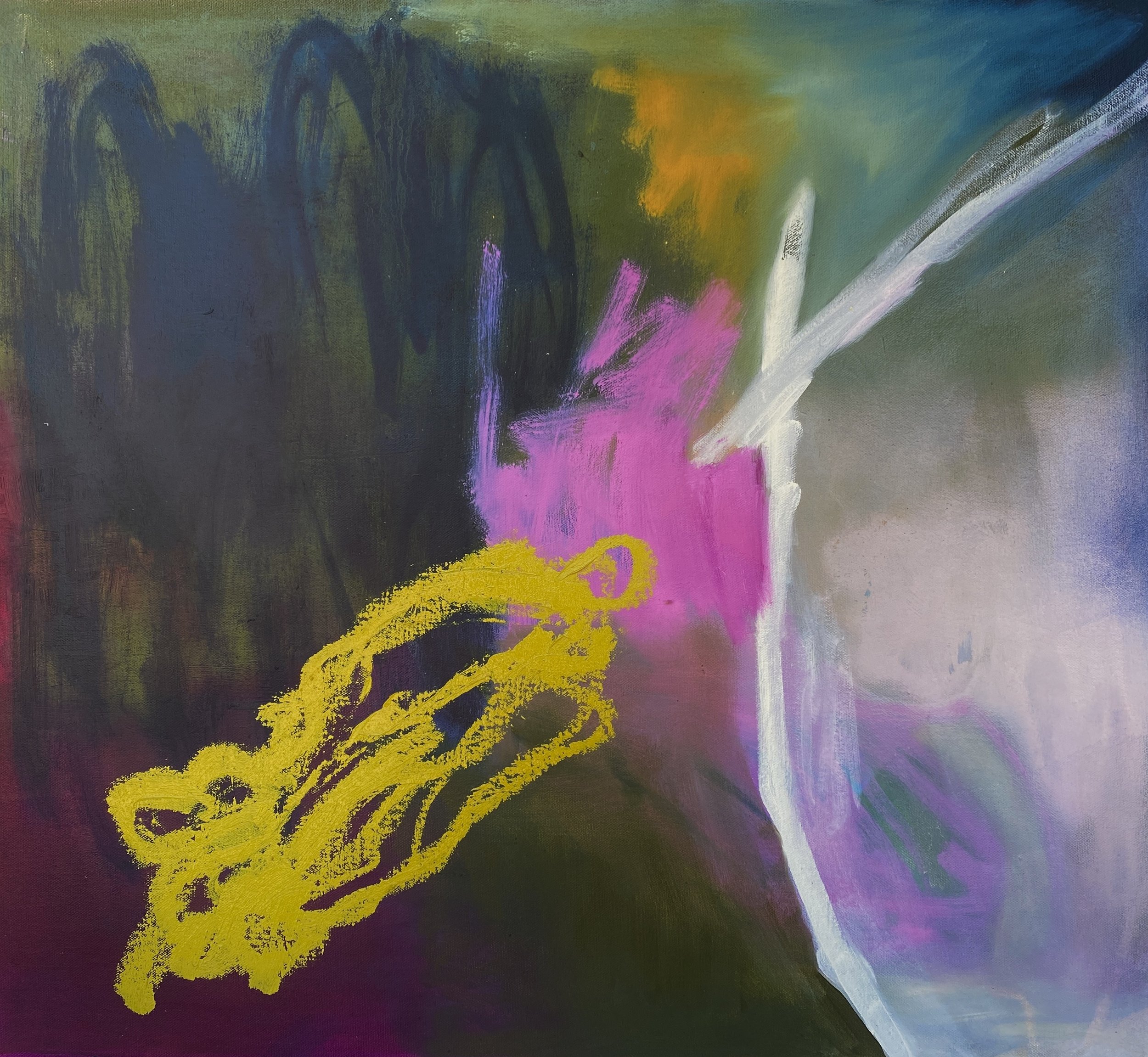 "Objects of Certainty and Space", 2026. Acrylic paint, oil pastel, spray paint, oil paint and oil stick on canvas, 51cm x 56cm.