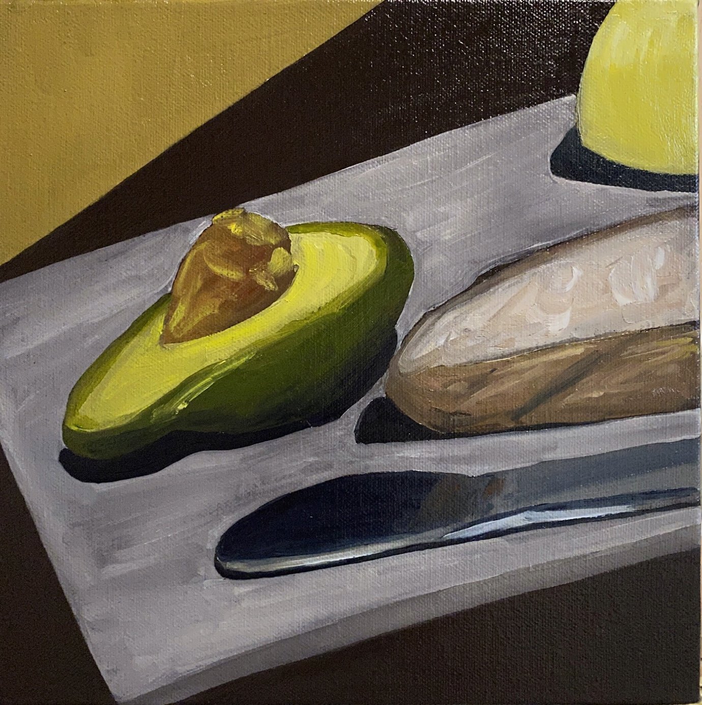 "Avo on Toast", 2023. Mixed medium on canvas, 26cm x 26cm x 3.5cm.