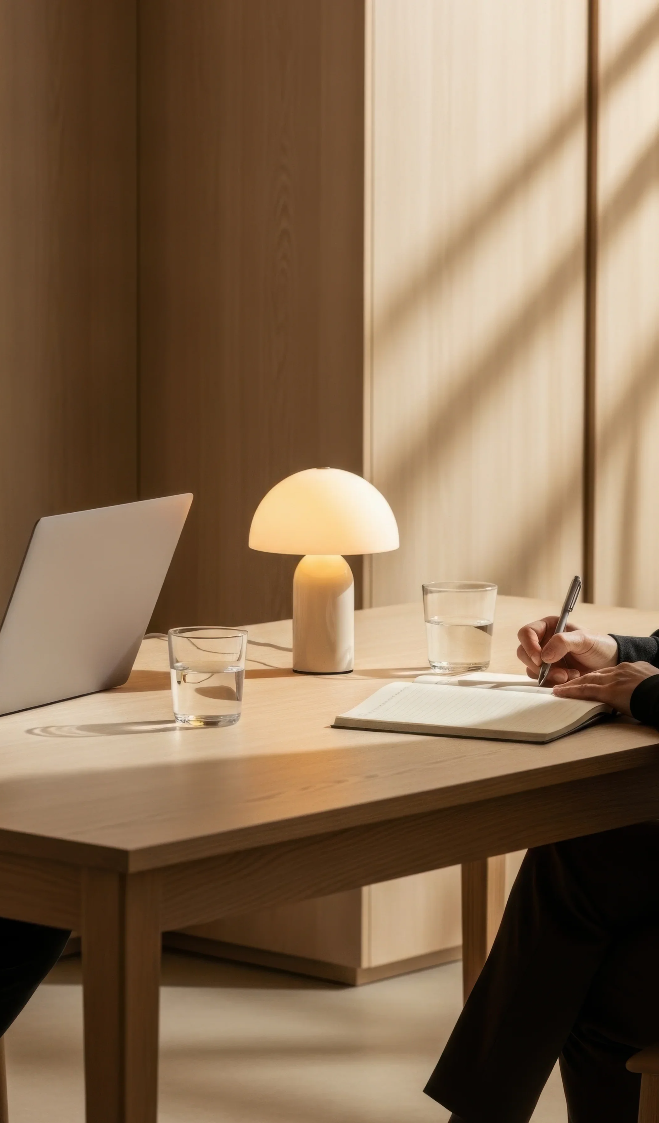 A person sitting at a wooden desk writing in a notebook, with a laptop, a lamp, and two glasses of water on the desk, in a room with wood-paneled walls and soft lighting.