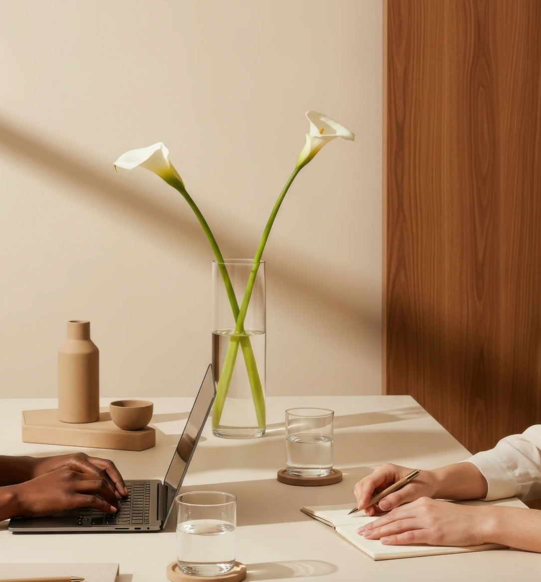 A minimalist workspace with a white table, two glasses of water on coasters, a laptop, and a notepad with a person writing. A tall glass vase with two white calla lilies is in the background, along with beige and brown vases and a wooden panel on the wall.