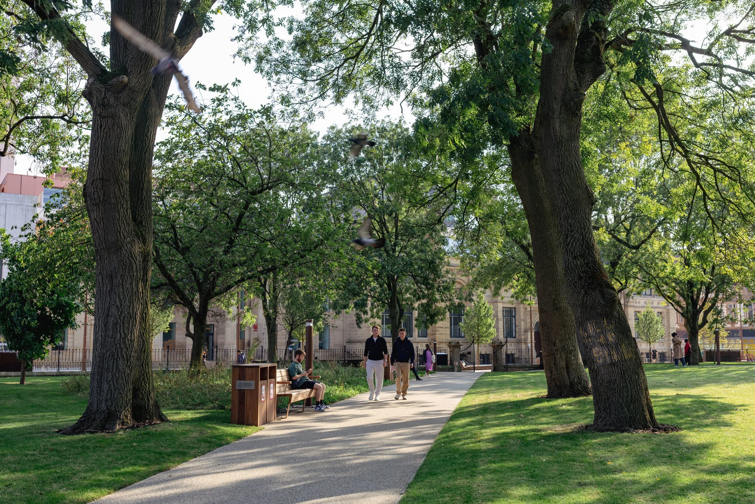 People walk and sit along a tree-lined path in All Saints Park, Manchester, with birds flying overhead and historic university buildings in the background, photographed for Planit’s landscape architecture portfolio.