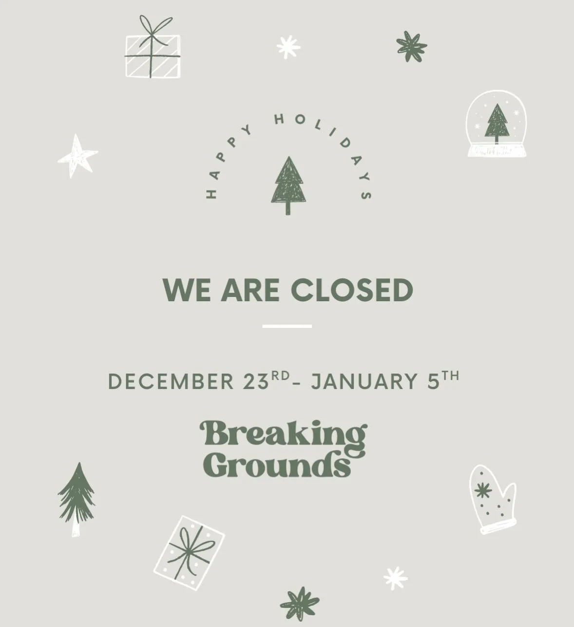 Breaking Grounds Christmas Trading Hours 🎅🏻🎄🎁 ✨ 

We will be closed from Tuesday the 23rd of December and will commence back on Monday the 5th of January. 

Happy Holidays from the Breaking Grounds Team! 

#breakinggrounds #christmas #centralcoas