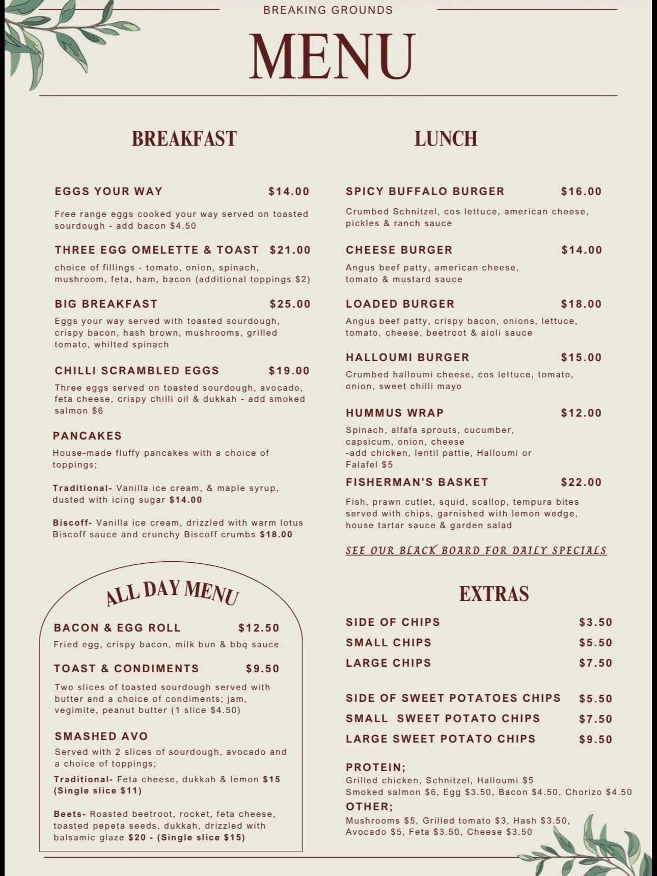 New Winter Menu has dropped! ❄️✨☕️ 

Choose from a variety of breakfasts, lunches and beverages. Don&rsquo;t forget our daily specials as well! 

See you soon! ☀️
#breakinggrounds #cafe #localcafe #catering #centralcoast