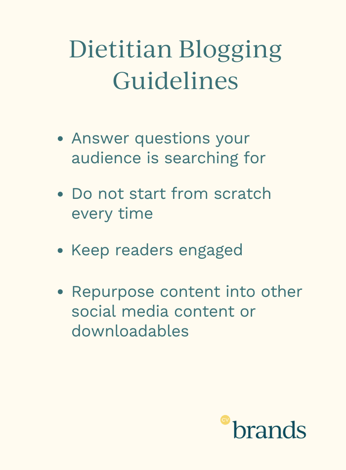 Dietitian Blogging Guidelines graphic by CV Brands displaying four tips: answer questions your audience is searching for, avoid starting from scratch, keep readers engaged, and repurpose content for social media