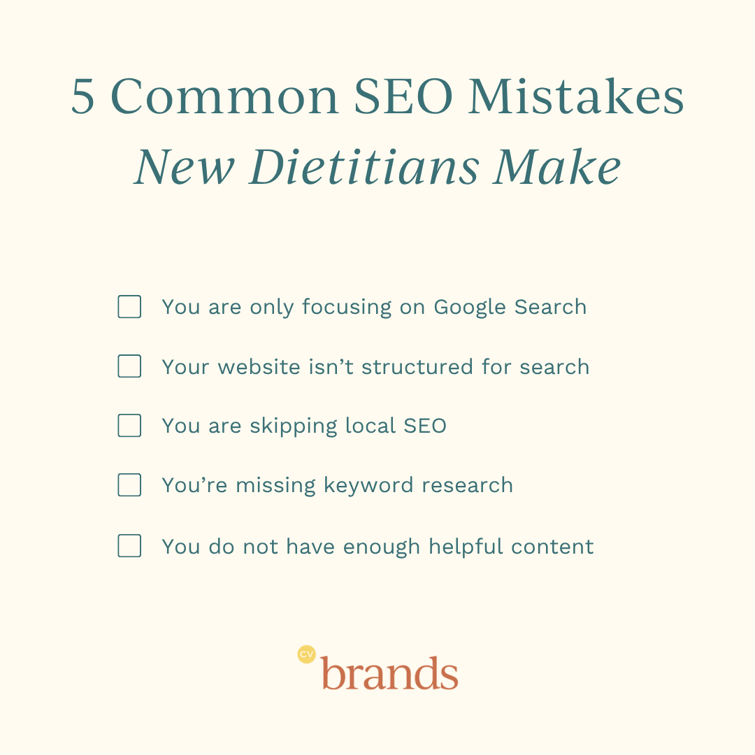 Text graphic listing 5 common SEO mistakes new dietitians make, with checkboxes and brands logo at the bottom.