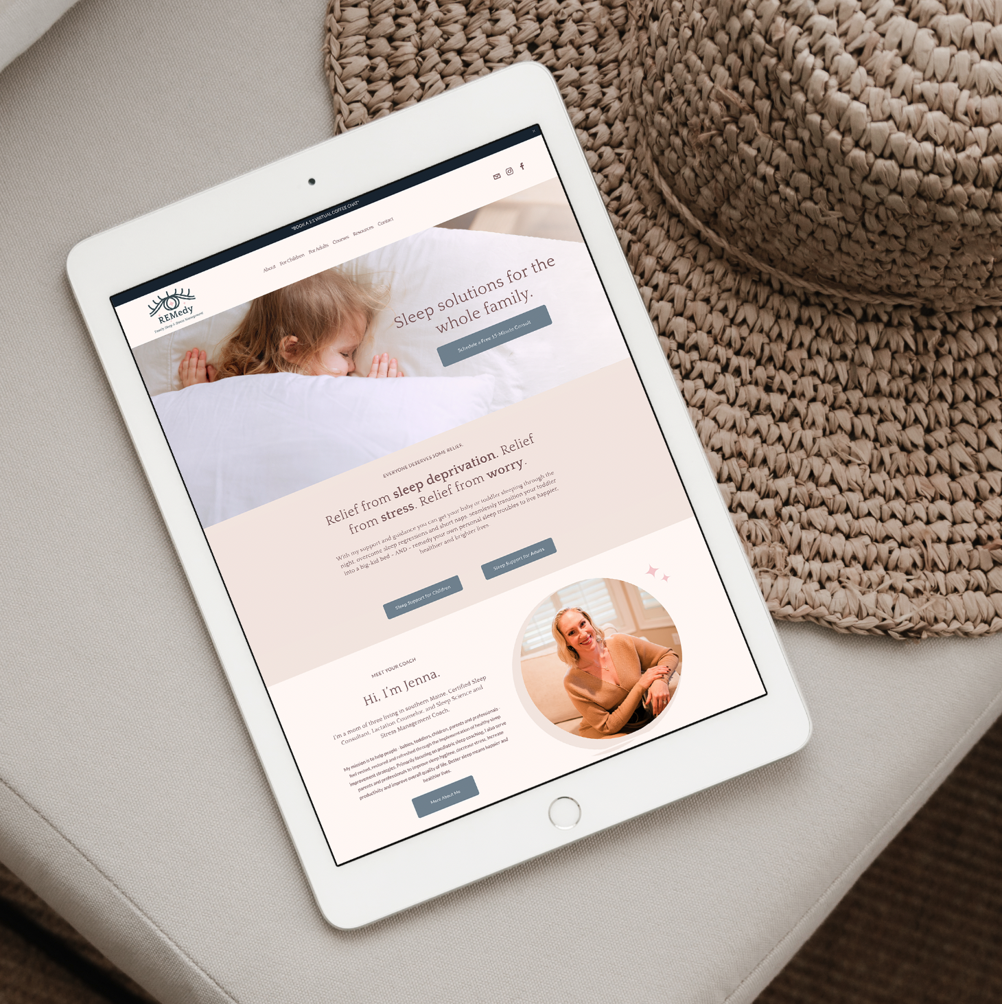 Squarespace website displayed on a tablet during a focused website design project
