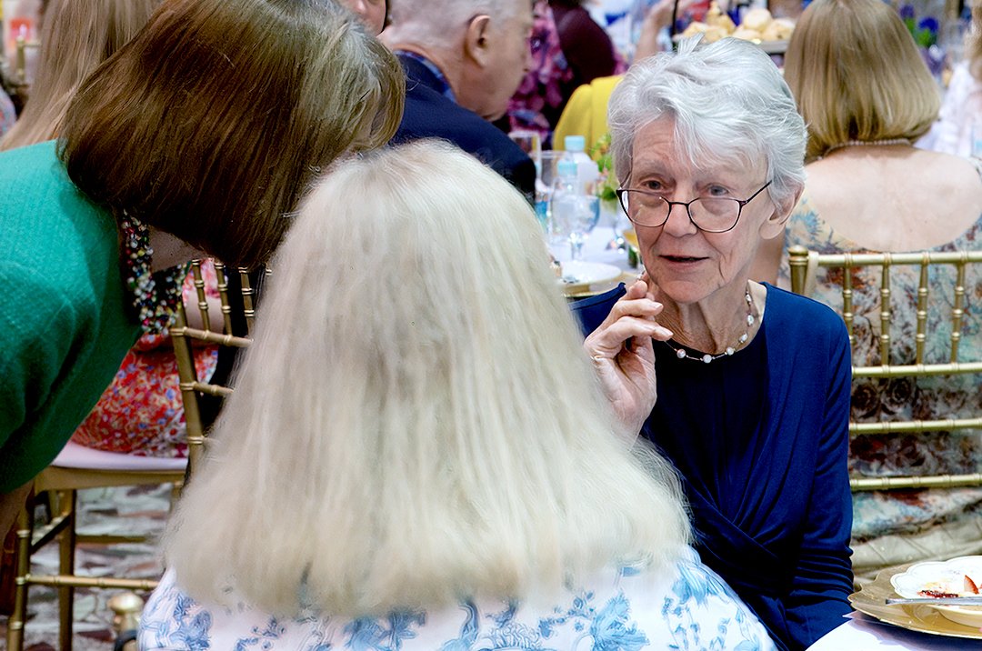 Group of people at a formal event, sitting and conversing at a table with food and drinks.