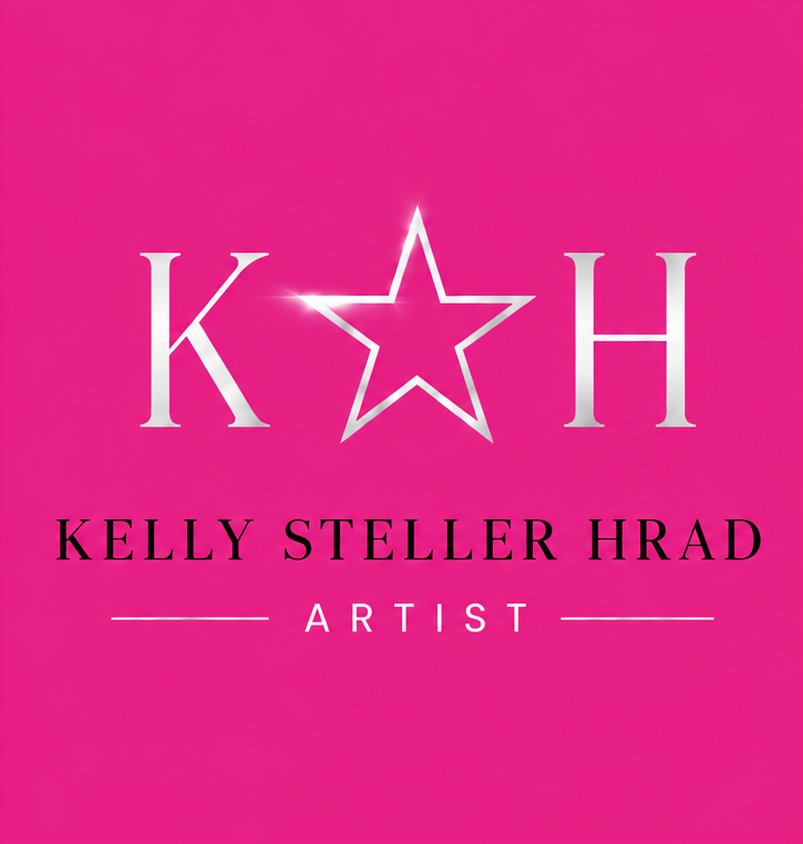 Pink background with white star and letters K and H. Text reads: 'Kelly Steller HRAD Artist'.