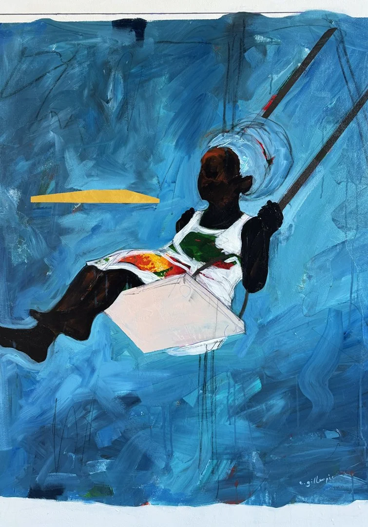 A female figure on a swing on a moody blue background.