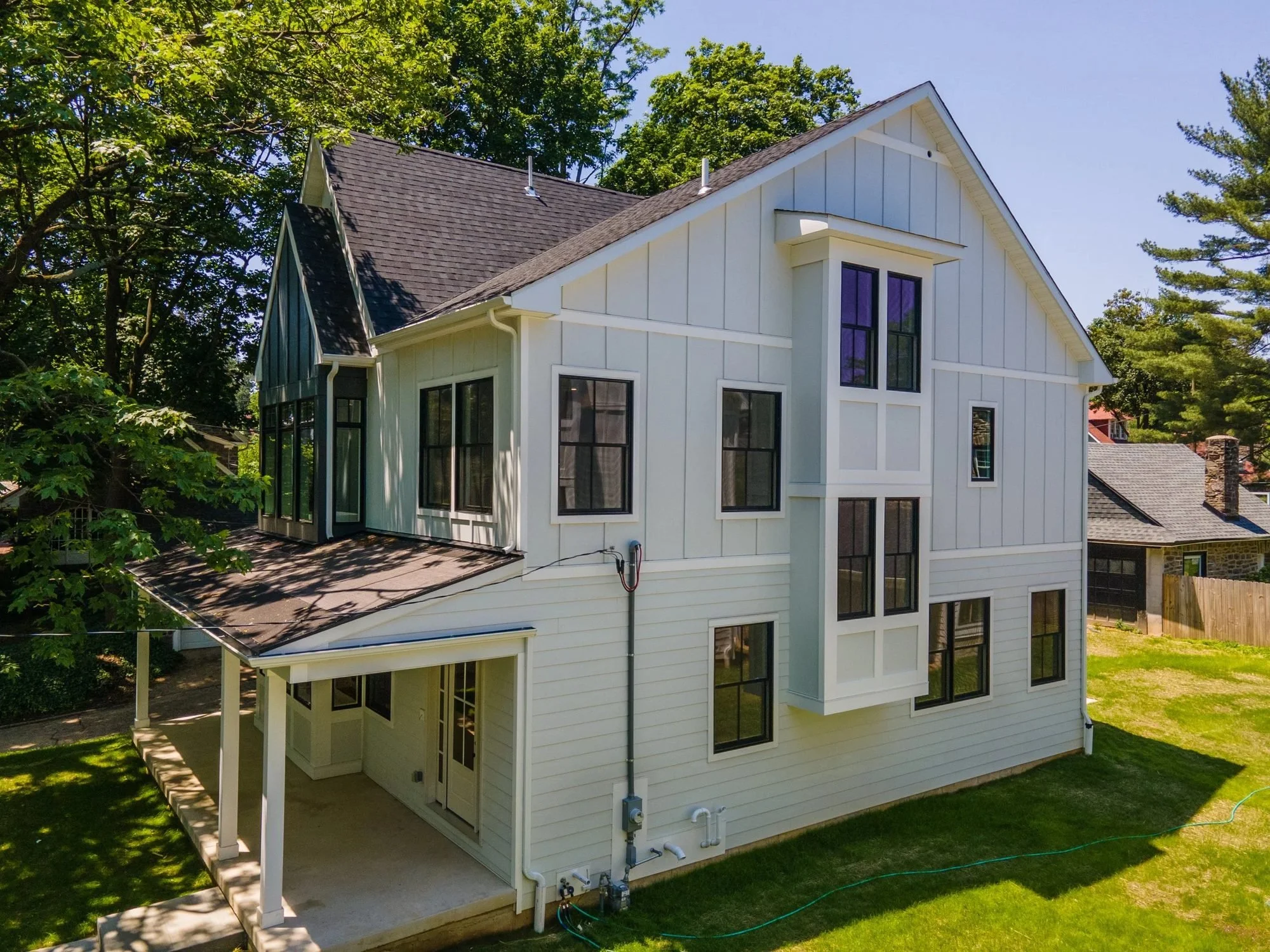 Aerial view of a new home's rear elevation in Chestnut Hill, Philadelphia