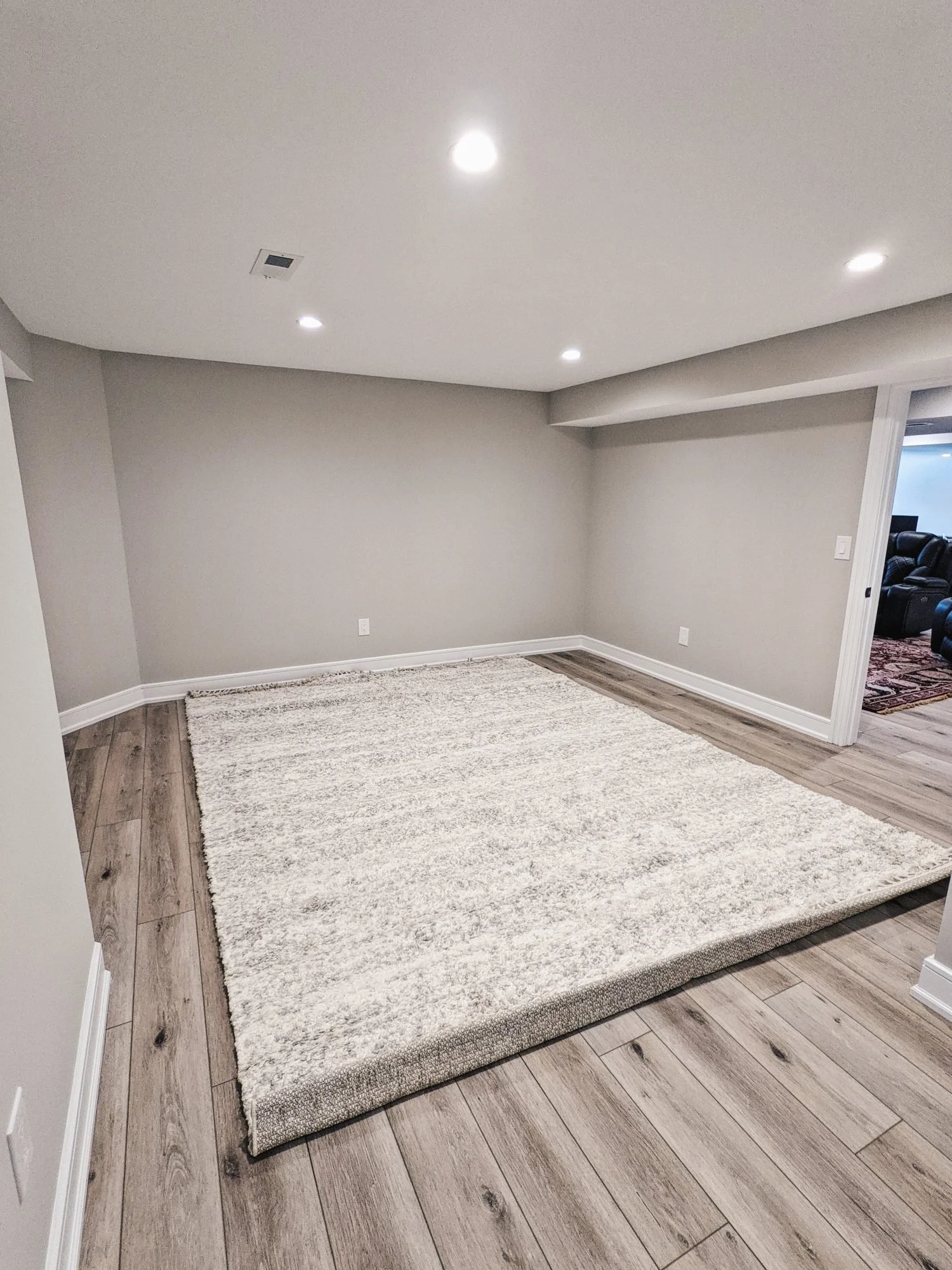 Basement bedroom with luxury vinyl plank flooring and area rug