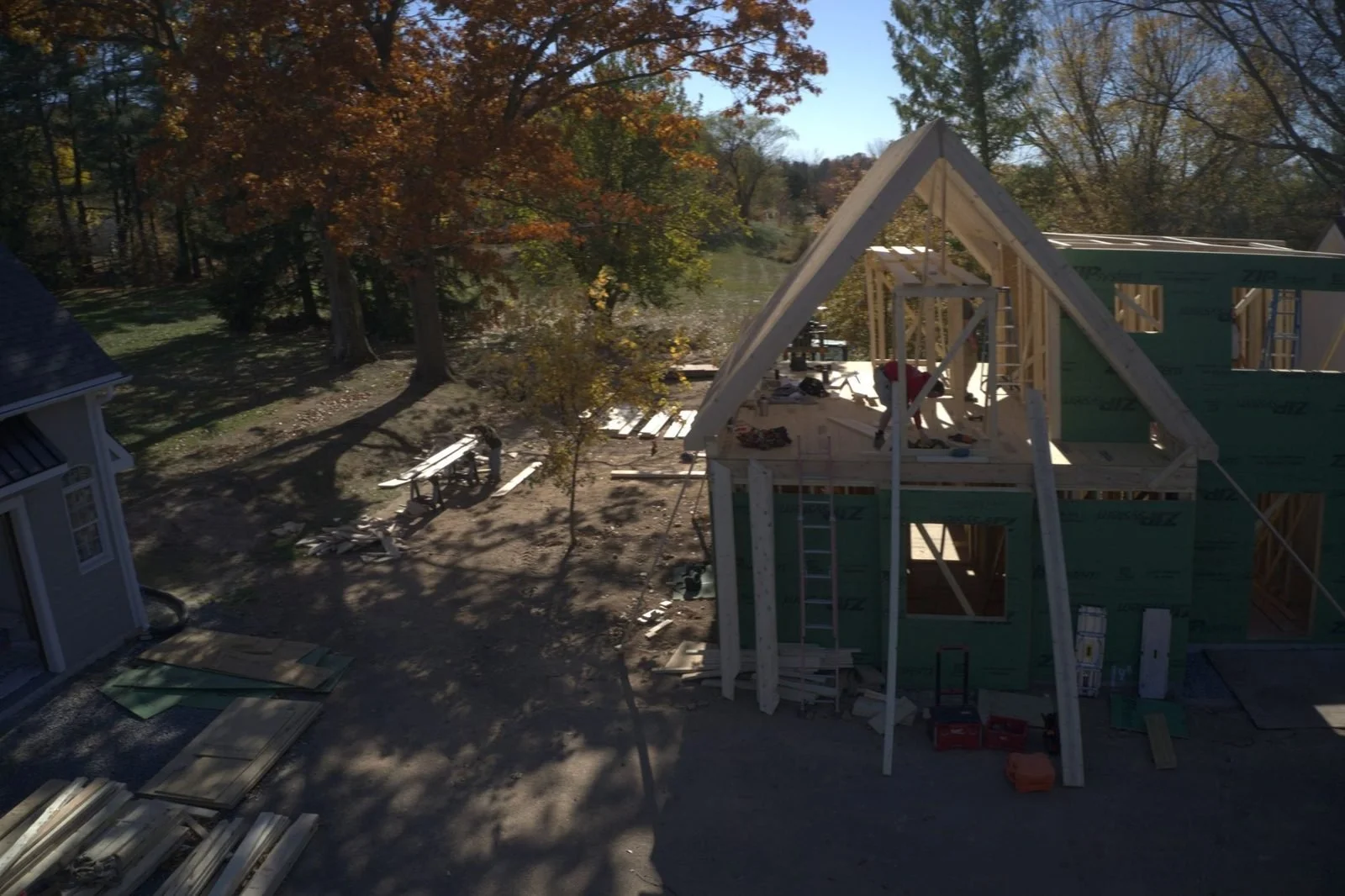 Roof framing on a historic cottage addition in Bucks County