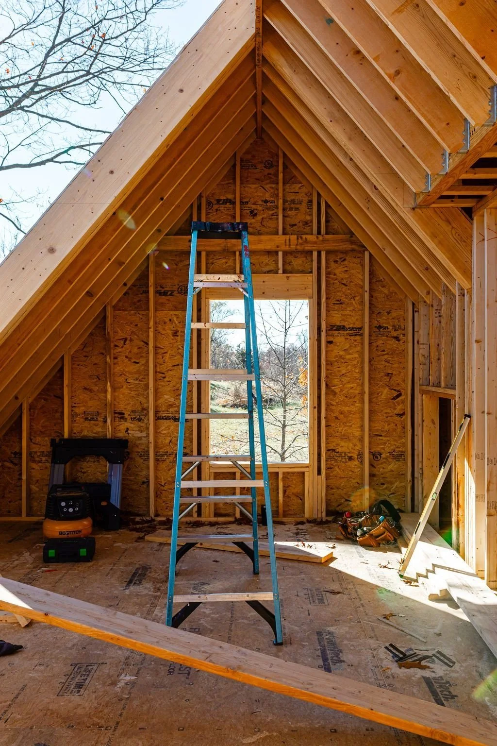 Gable framing in a converted attic in a Bucks County cottage