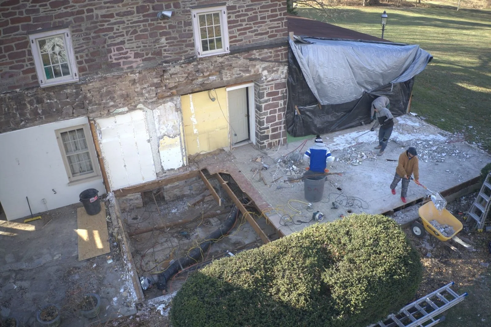 Demolition of an old kitchen wing on a Bucks County stone farmhouse
