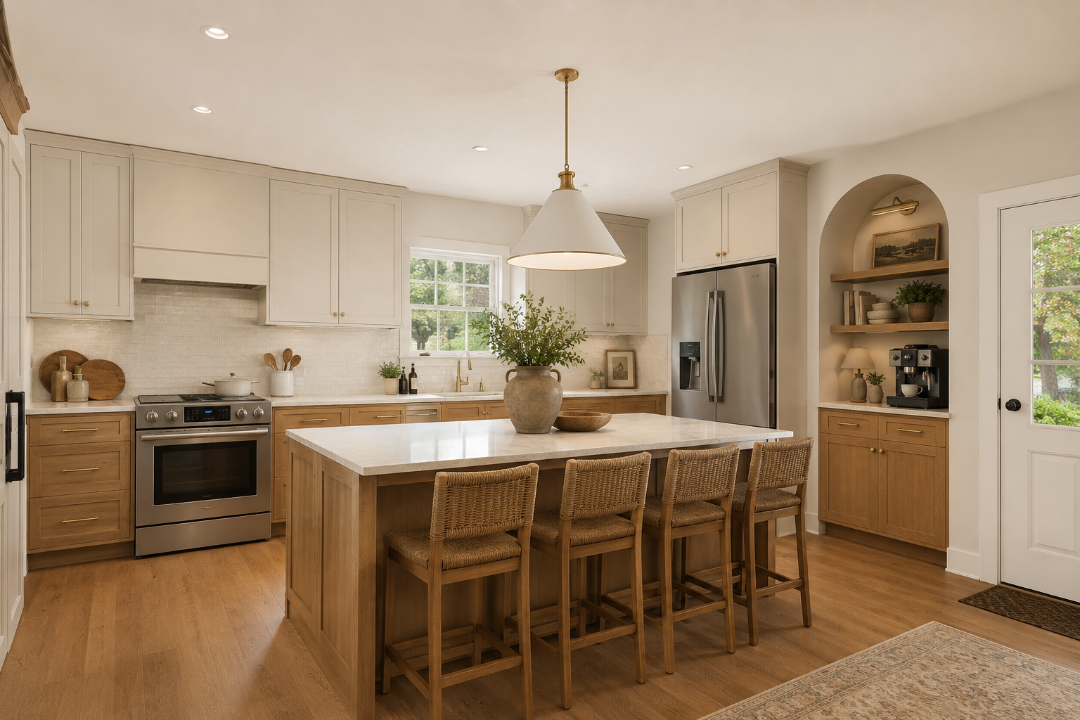 Concept rendering of a European-inspired transitional kitchen renovation for a colonial home in Ottsville by Revival Building Group.