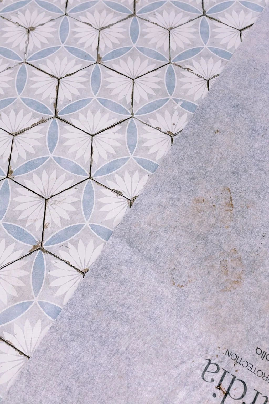 Hexagon tile floor in a Bucks County cottage bathroom