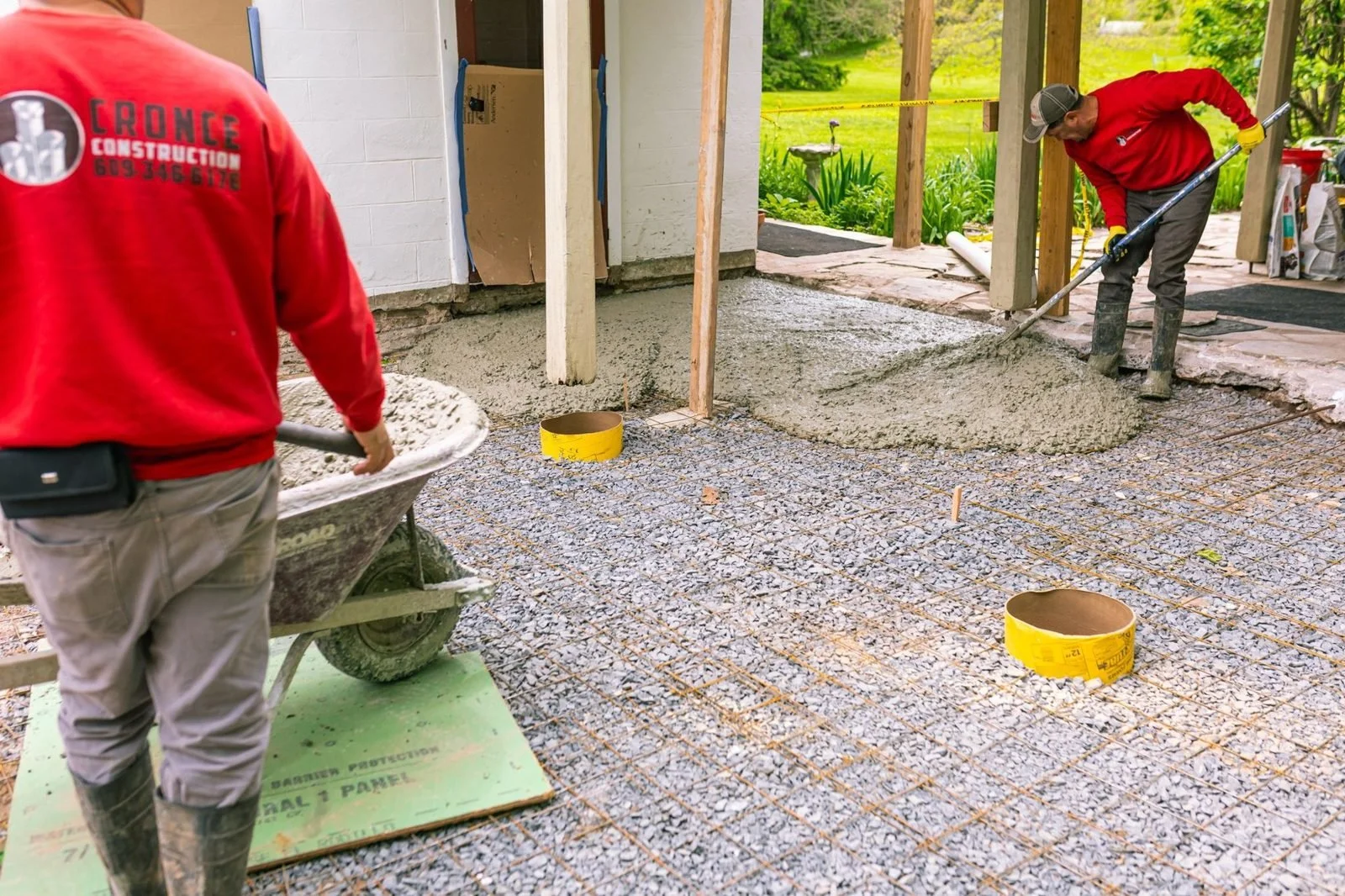 Concrete patio pour at a Bucks County farmhouse addition